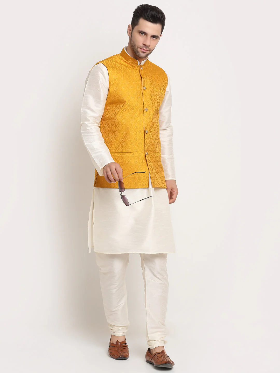 KRAFT INDIA Mens Cream Silk Blend Kurta and churidar with Paisley Nehru jacket - Image 37