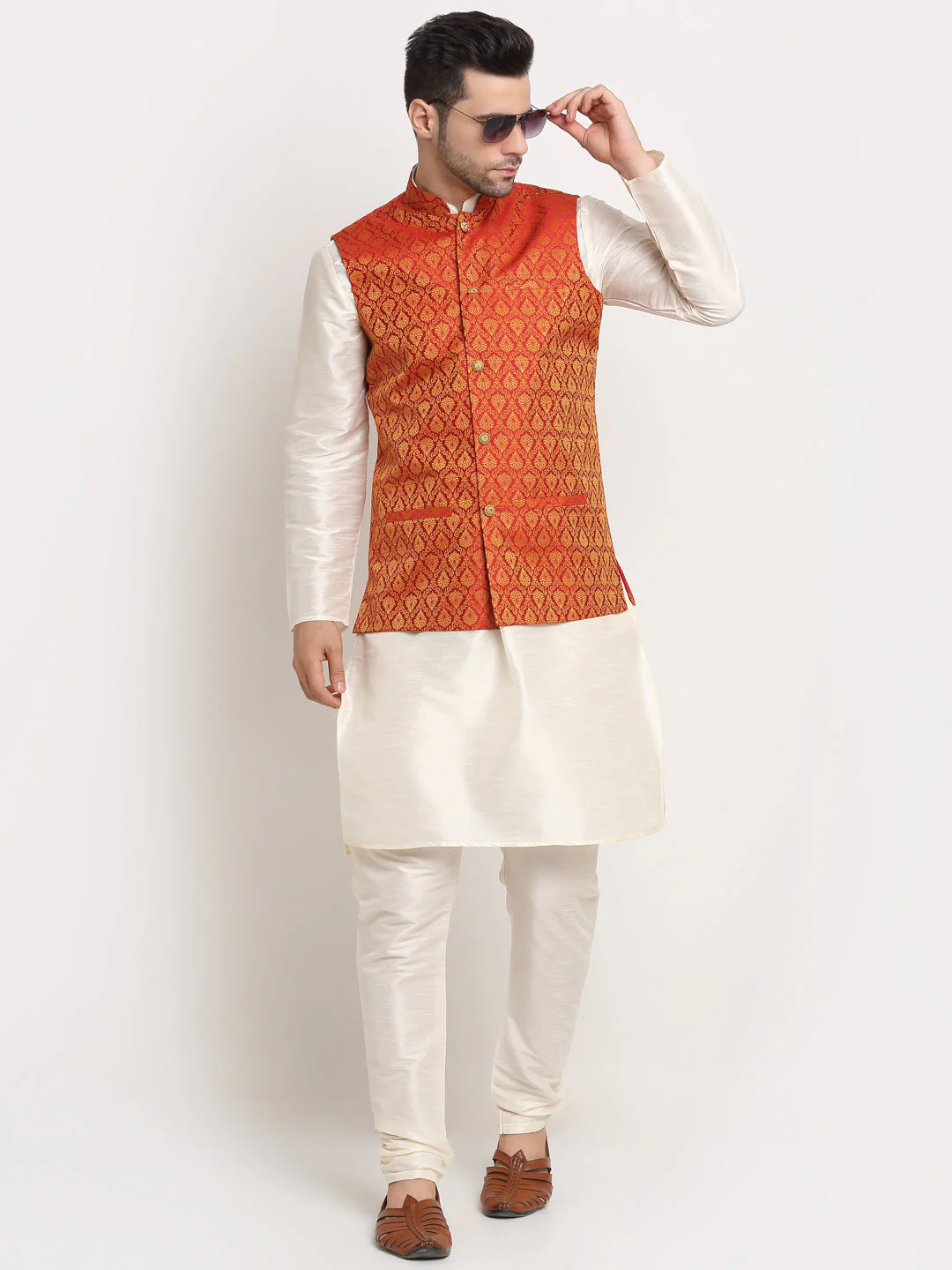 KRAFT INDIA Mens Cream Silk Blend Kurta and churidar with Paisley Nehru jacket - Image 45
