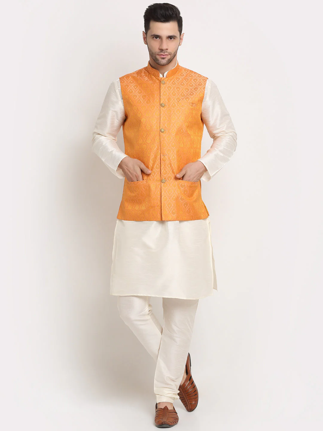KRAFT INDIA Mens Cream Silk Blend Kurta and churidar with Paisley Nehru jacket - Image 58