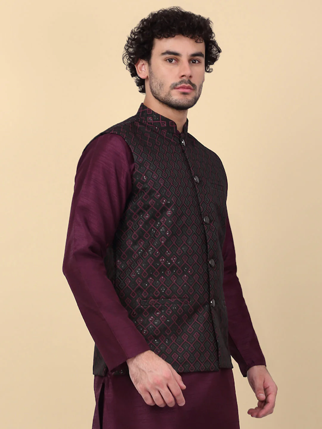 KRAFT INDIA Men's Embroidered Sequins Jacquard Nehru Jacket - Image 15