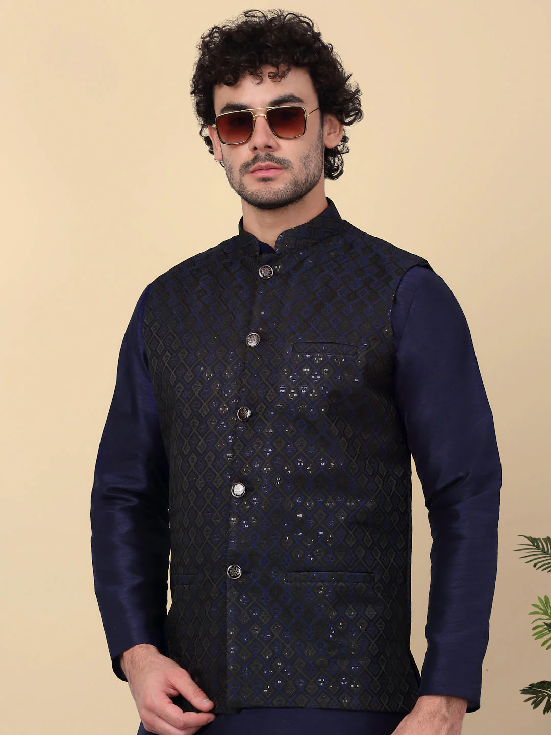 KRAFT INDIA Men's Embroidered Sequins Jacquard Nehru Jacket - Image 19