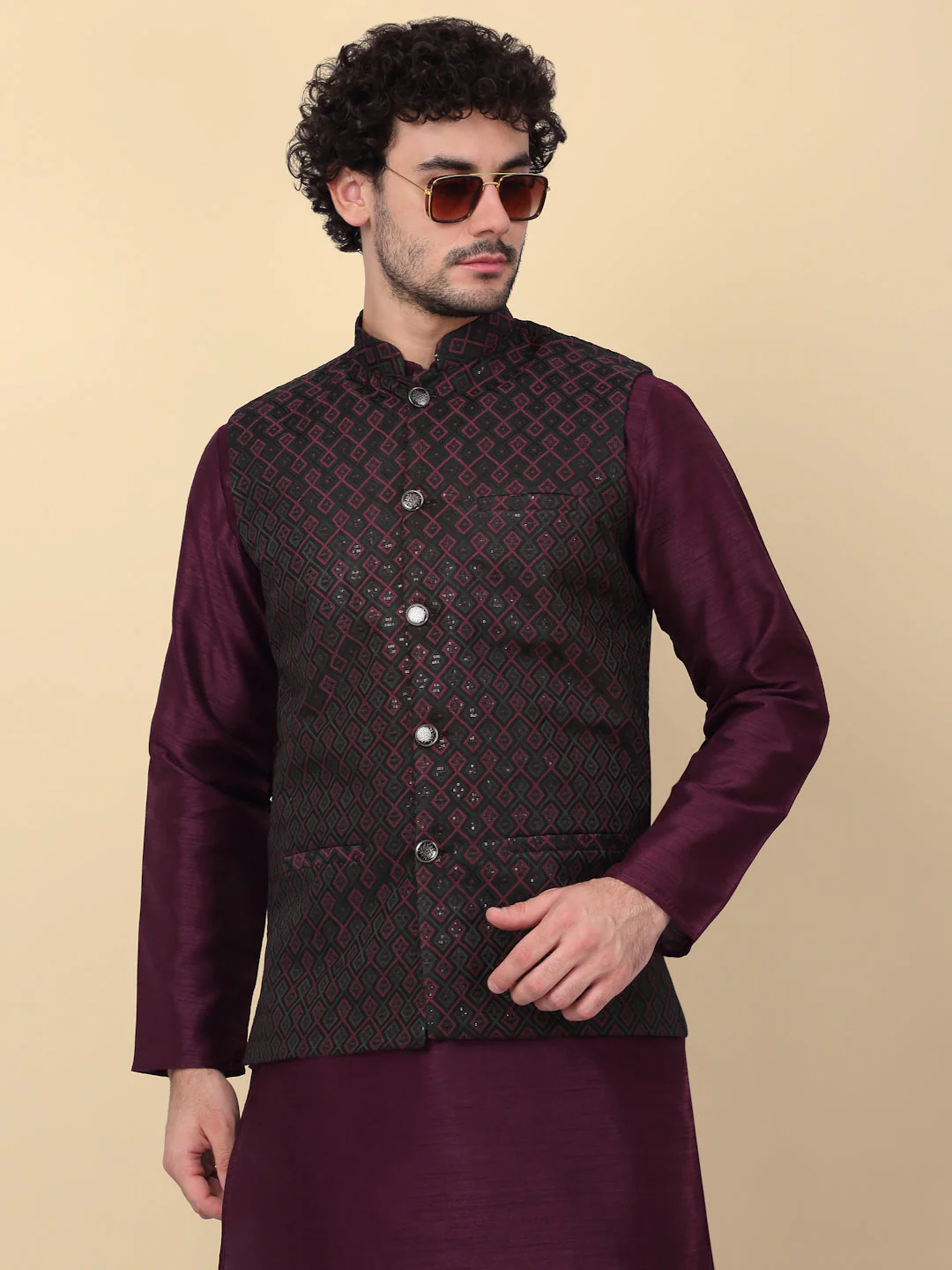 KRAFT INDIA Men's Embroidered Sequins Jacquard Nehru Jacket - Image 192