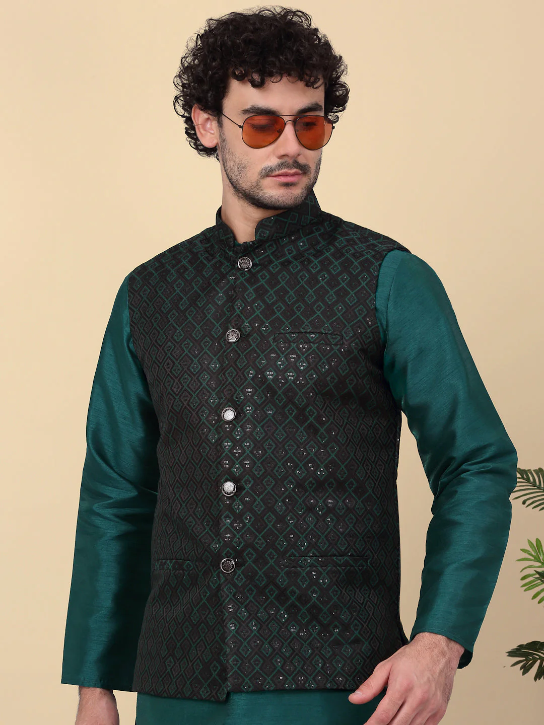 KRAFT INDIA Men's Embroidered Sequins Jacquard Nehru Jacket - Image 38