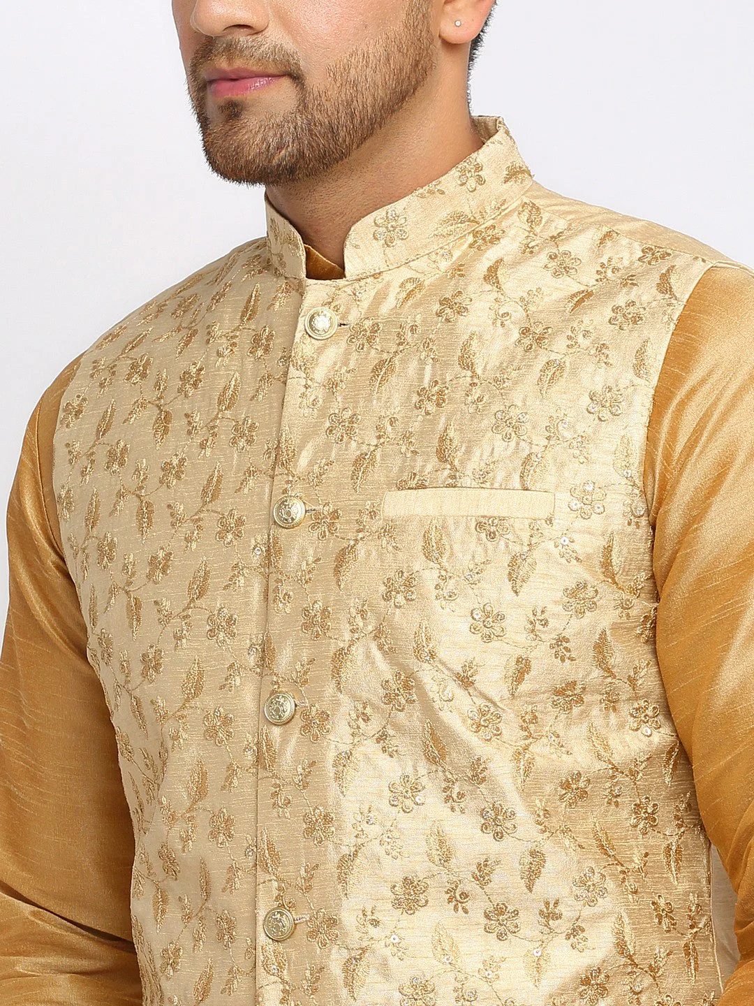 KRAFT INDIA Mens Gold Kurta and churidar with embroided Zari Nehru jacket - Image 11