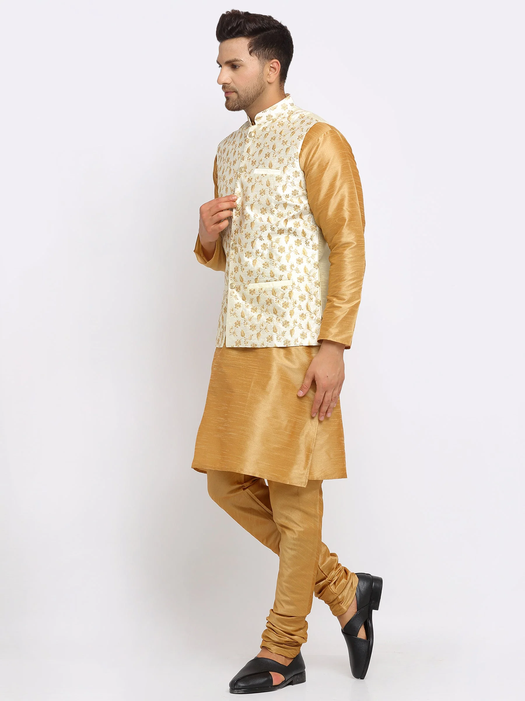 KRAFT INDIA Mens Gold Kurta and churidar with embroided Zari Nehru jacket - Image 17