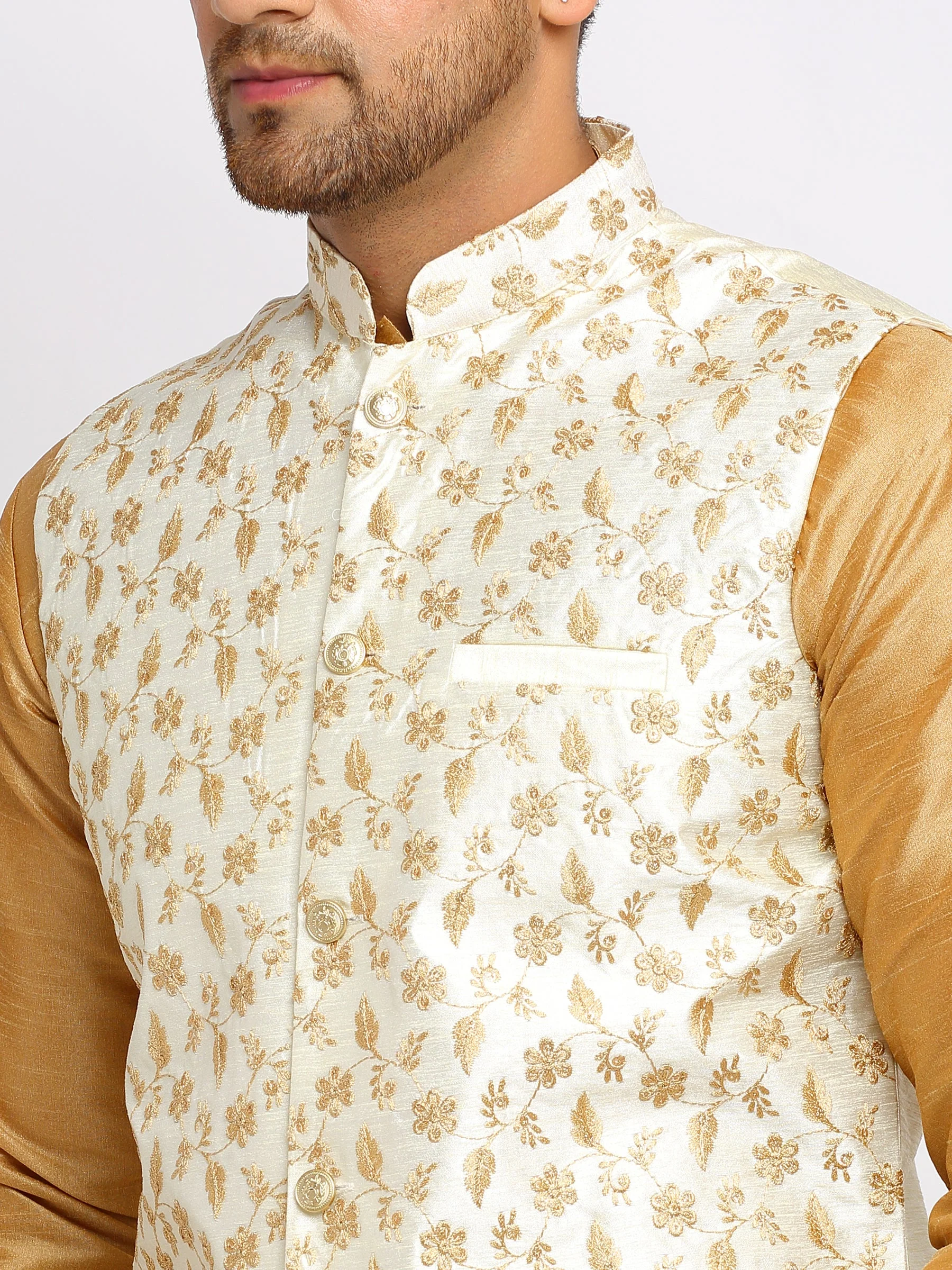 KRAFT INDIA Mens Gold Kurta and churidar with embroided Zari Nehru jacket - Image 18