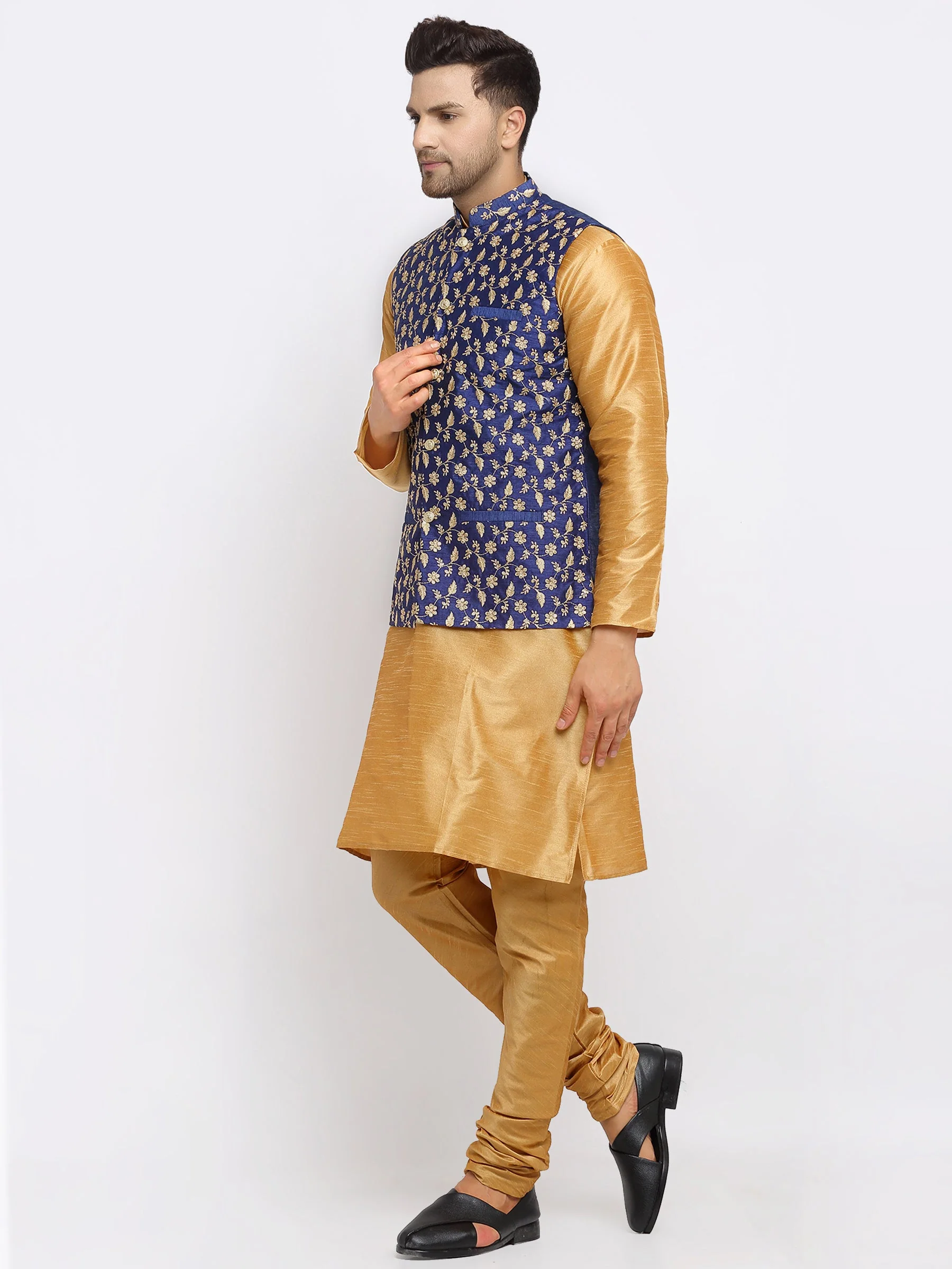 KRAFT INDIA Mens Gold Kurta and churidar with embroided Zari Nehru jacket - Image 3