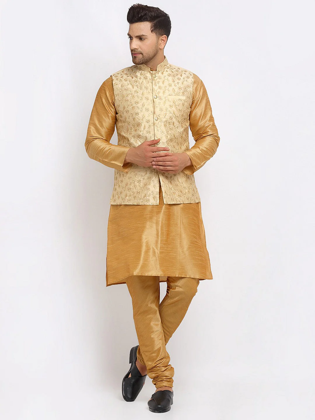 KRAFT INDIA Mens Gold Kurta and churidar with embroided Zari Nehru jacket - Image 8