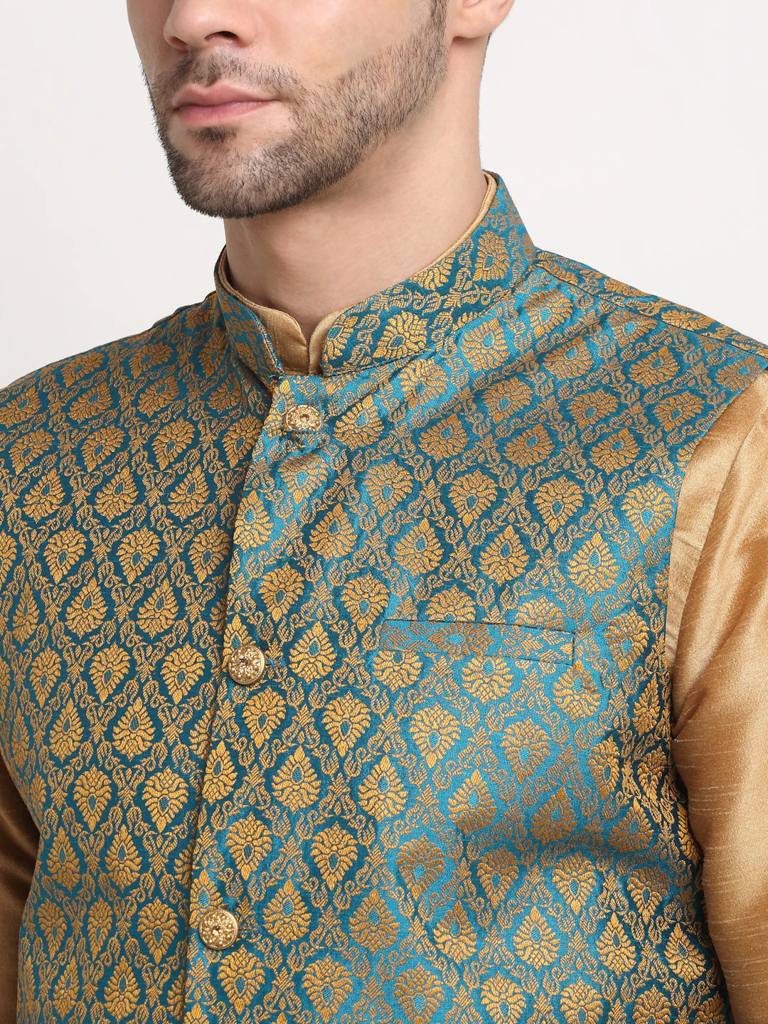 KRAFT INDIA Mens Gold Silk Blend Kurta and churidar with Paisley Nehru jacket - Image 12