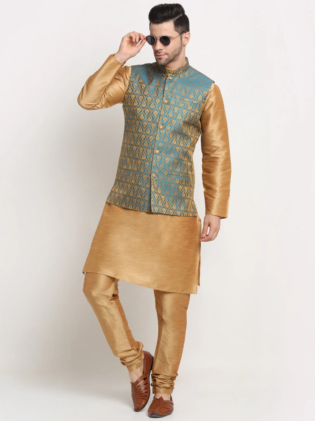 KRAFT INDIA Mens Gold Silk Blend Kurta and churidar with Paisley Nehru jacket - Image 13