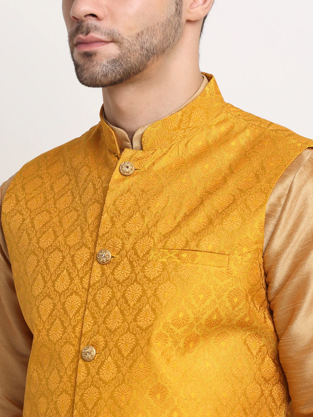 KRAFT INDIA Mens Gold Silk Blend Kurta and churidar with Paisley Nehru jacket - Image 20