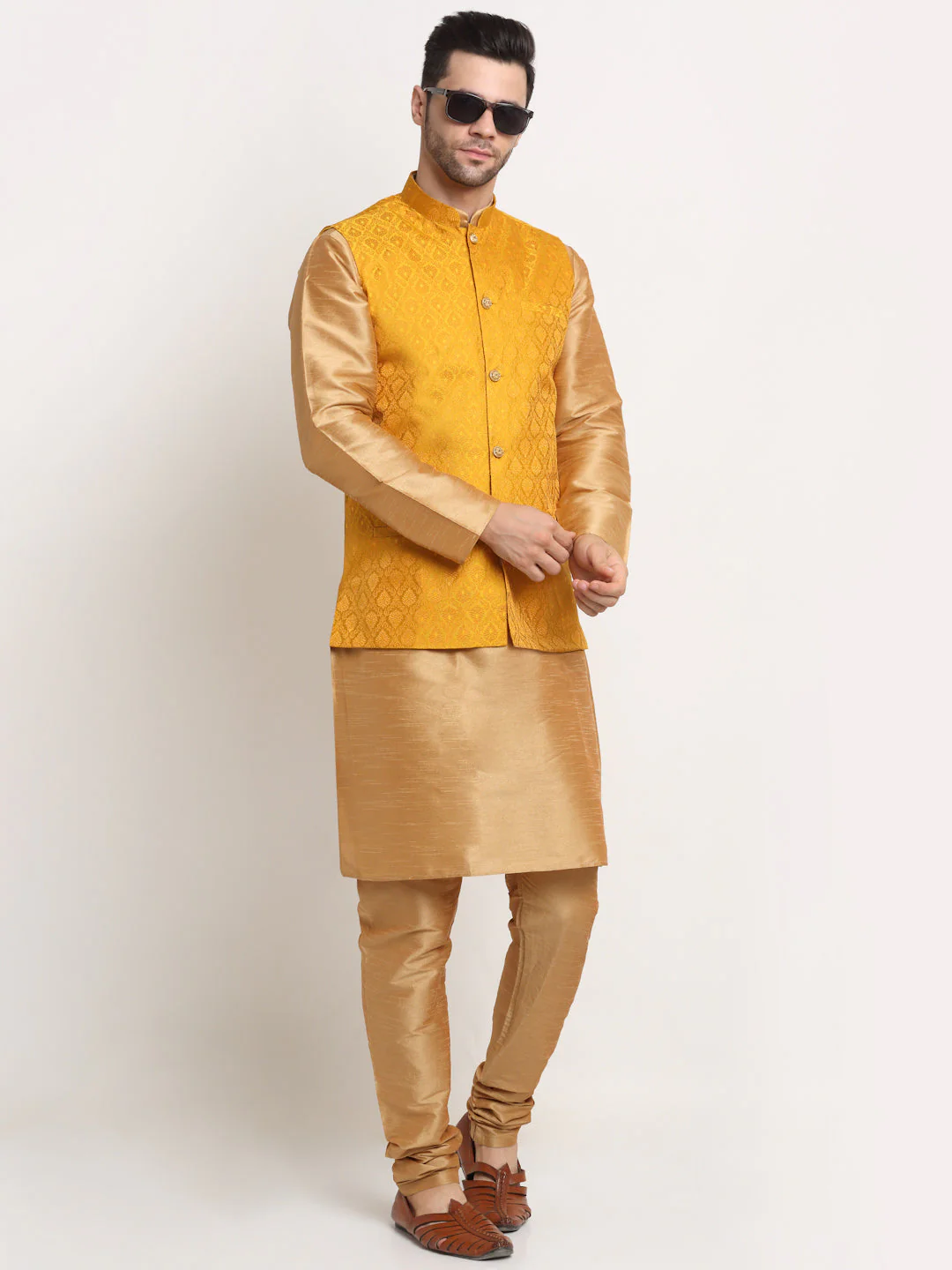 KRAFT INDIA Mens Gold Silk Blend Kurta and churidar with Paisley Nehru jacket - Image 21