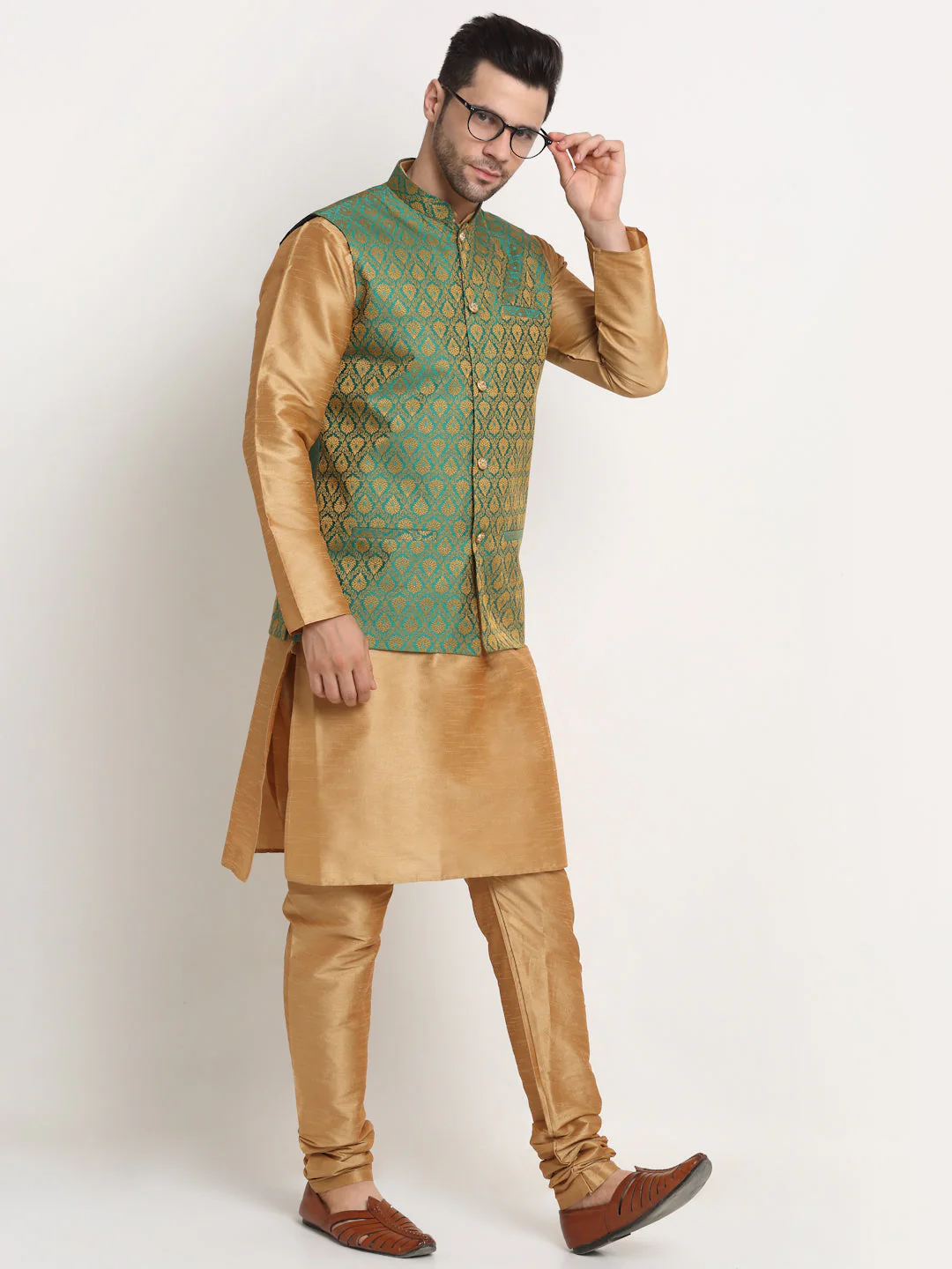 KRAFT INDIA Mens Gold Silk Blend Kurta and churidar with Paisley Nehru jacket - Image 29