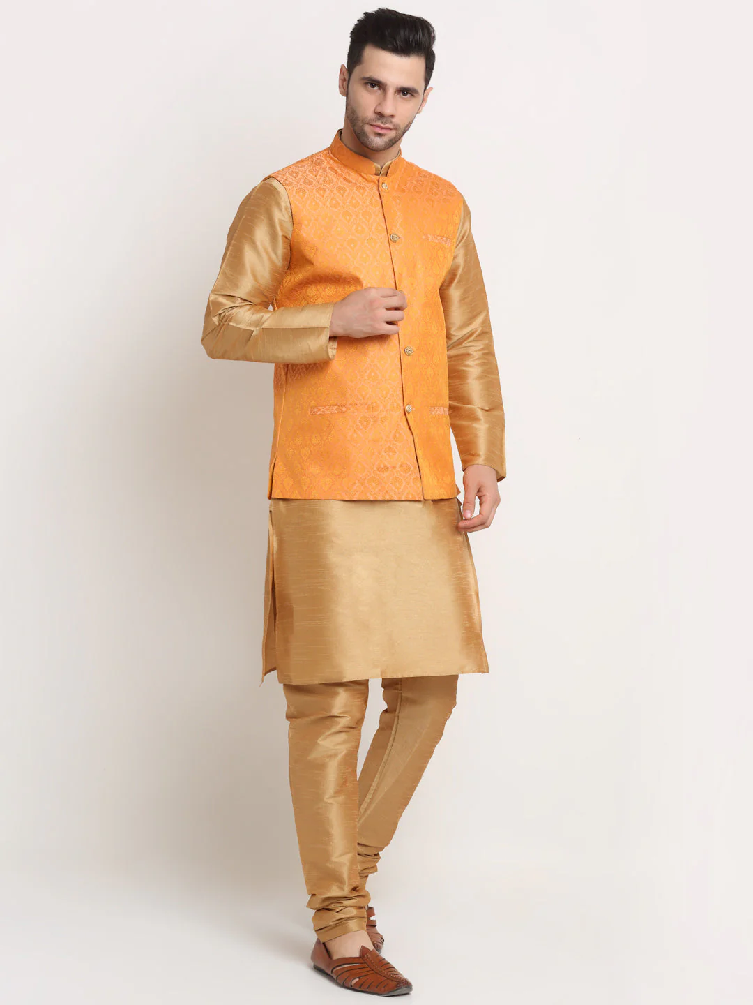 KRAFT INDIA Mens Gold Silk Blend Kurta and churidar with Paisley Nehru jacket - Image 35