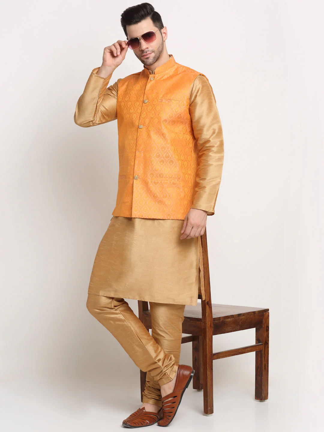 KRAFT INDIA Mens Gold Silk Blend Kurta and churidar with Paisley Nehru jacket - Image 37