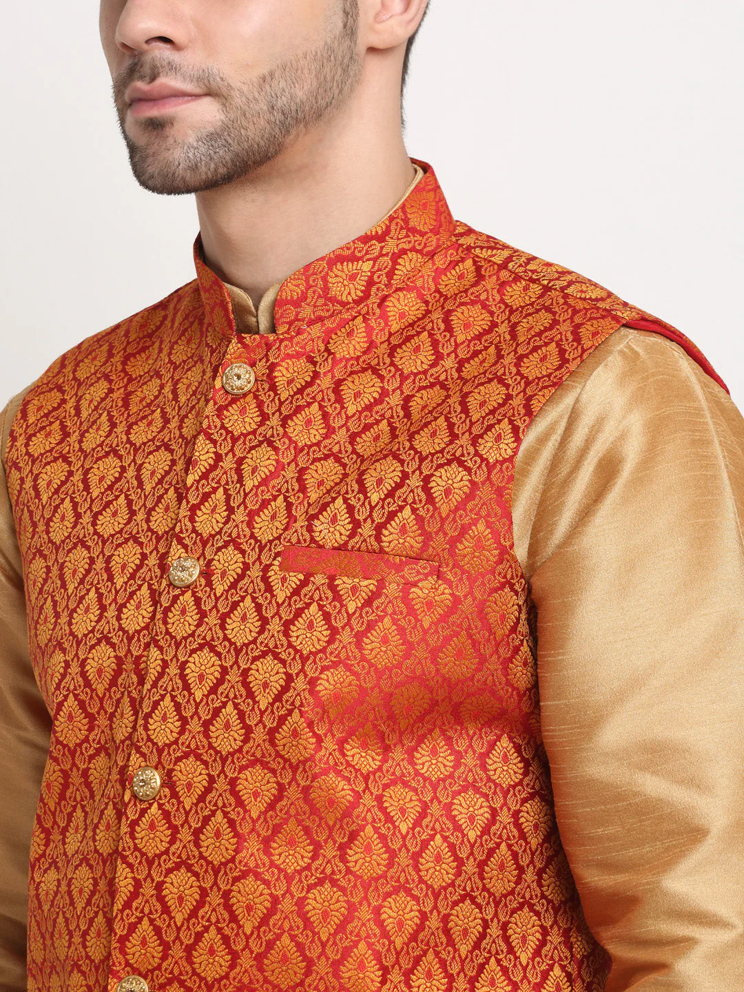 KRAFT INDIA Mens Gold Silk Blend Kurta and churidar with Paisley Nehru jacket - Image 4