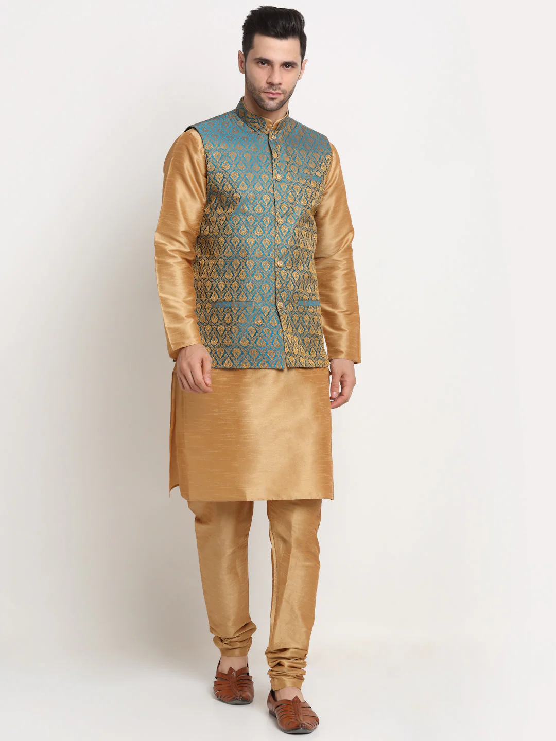 KRAFT INDIA Mens Gold Silk Blend Kurta and churidar with Paisley Nehru jacket - Image 9