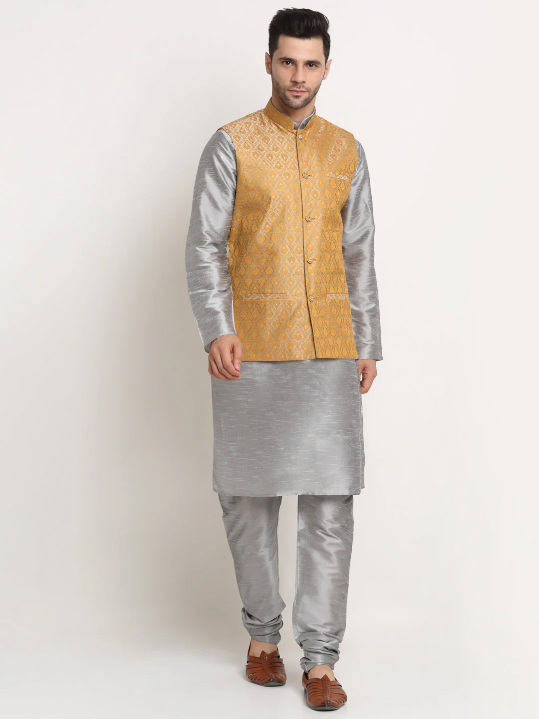 KRAFT INDIA Mens Grey Silk Blend Kurta and churidar with Paisley Nehru jacket - Image 11