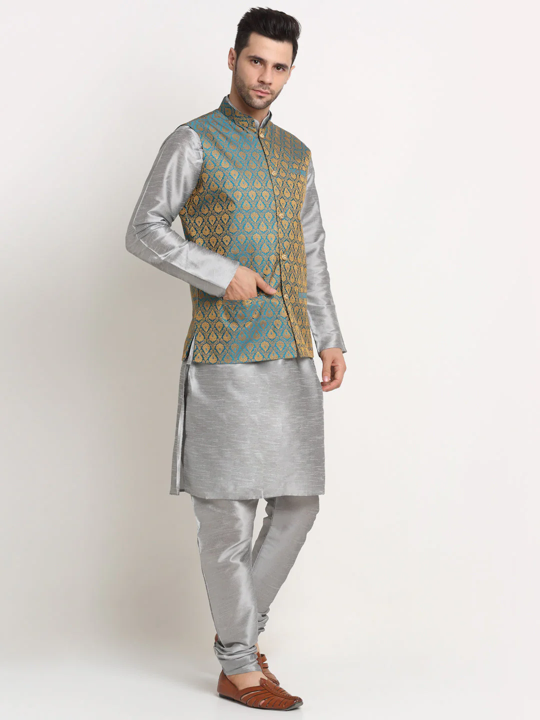 KRAFT INDIA Mens Grey Silk Blend Kurta and churidar with Paisley Nehru jacket - Image 154
