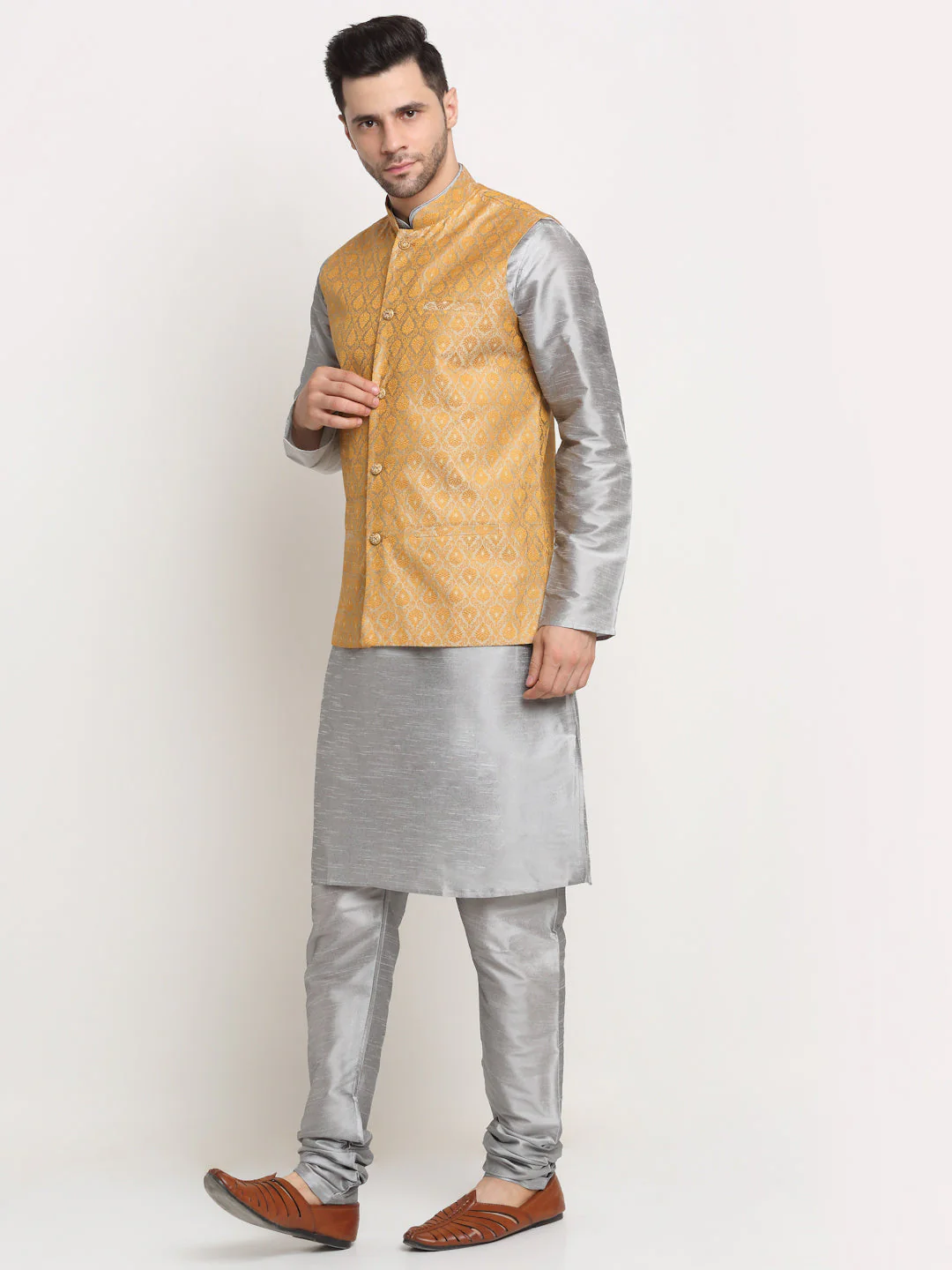 KRAFT INDIA Mens Grey Silk Blend Kurta and churidar with Paisley Nehru jacket - Image 36