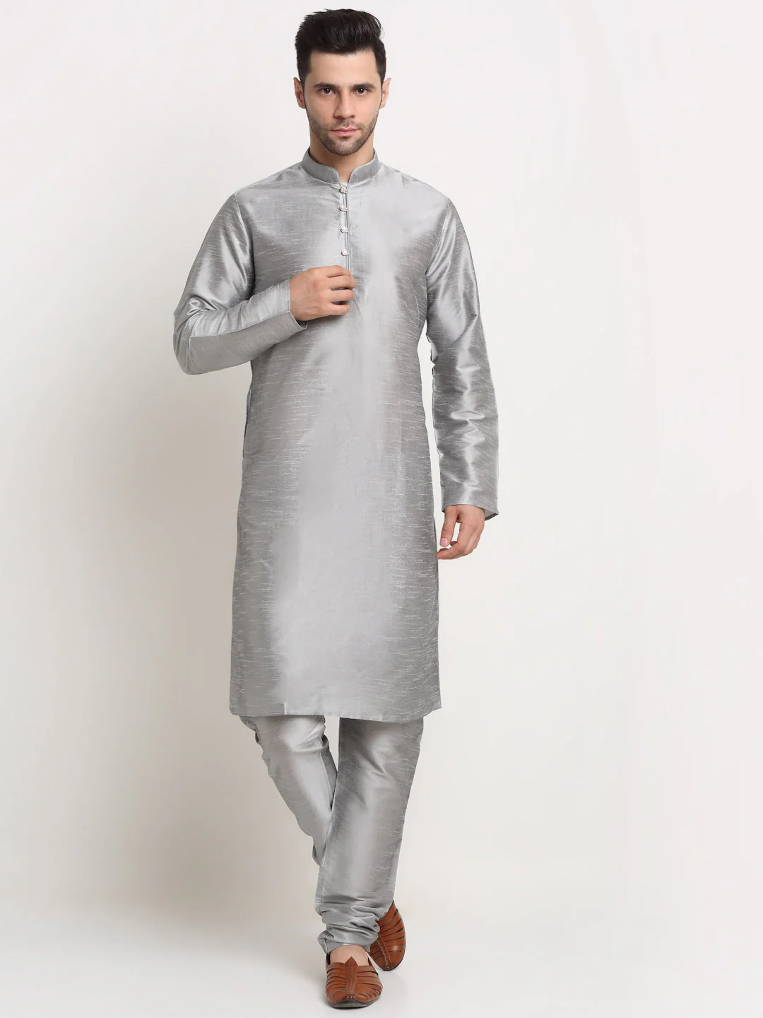 KRAFT INDIA Mens Grey Silk Blend Kurta and churidar with Paisley Nehru jacket - Image 6