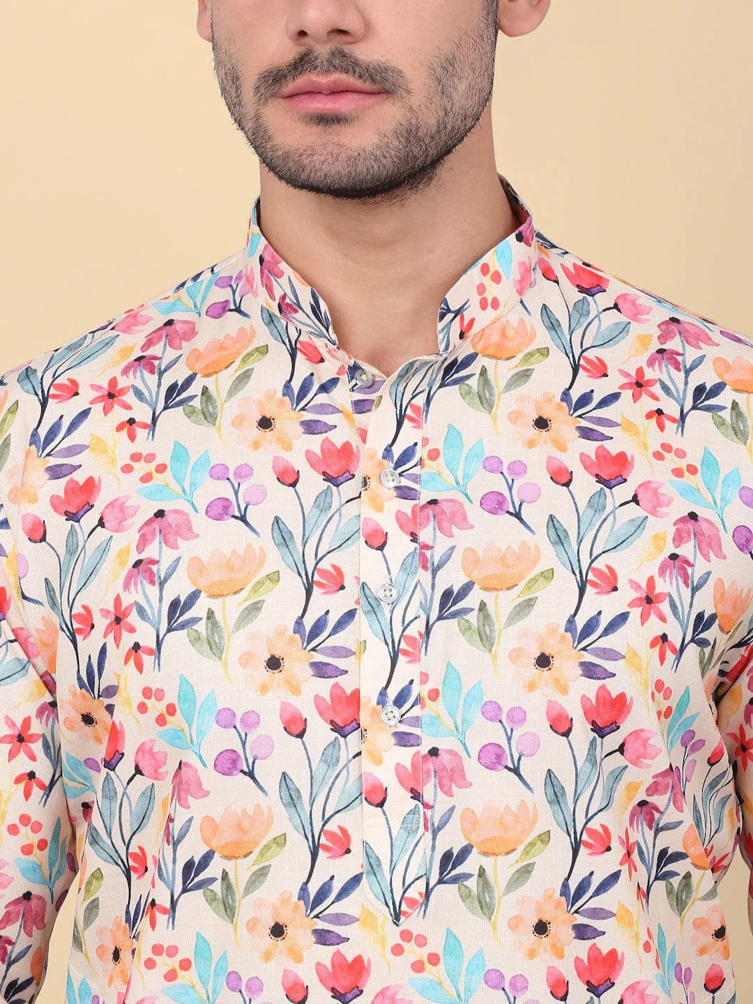 KRAFT INDIA Men's Linen Straight Floral Printed Kurta - Image 3