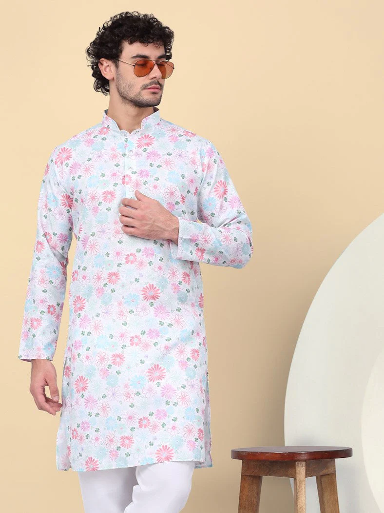 KRAFT INDIA Men's Linen Straight Floral Printed Kurta - Image 6