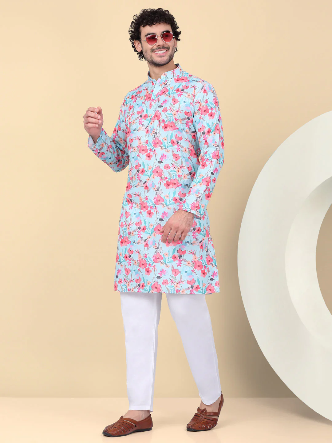 KRAFT INDIA Men's Linen Straight Floral Printed Kurta With Elastic Waistband Pyjama set - Image 13