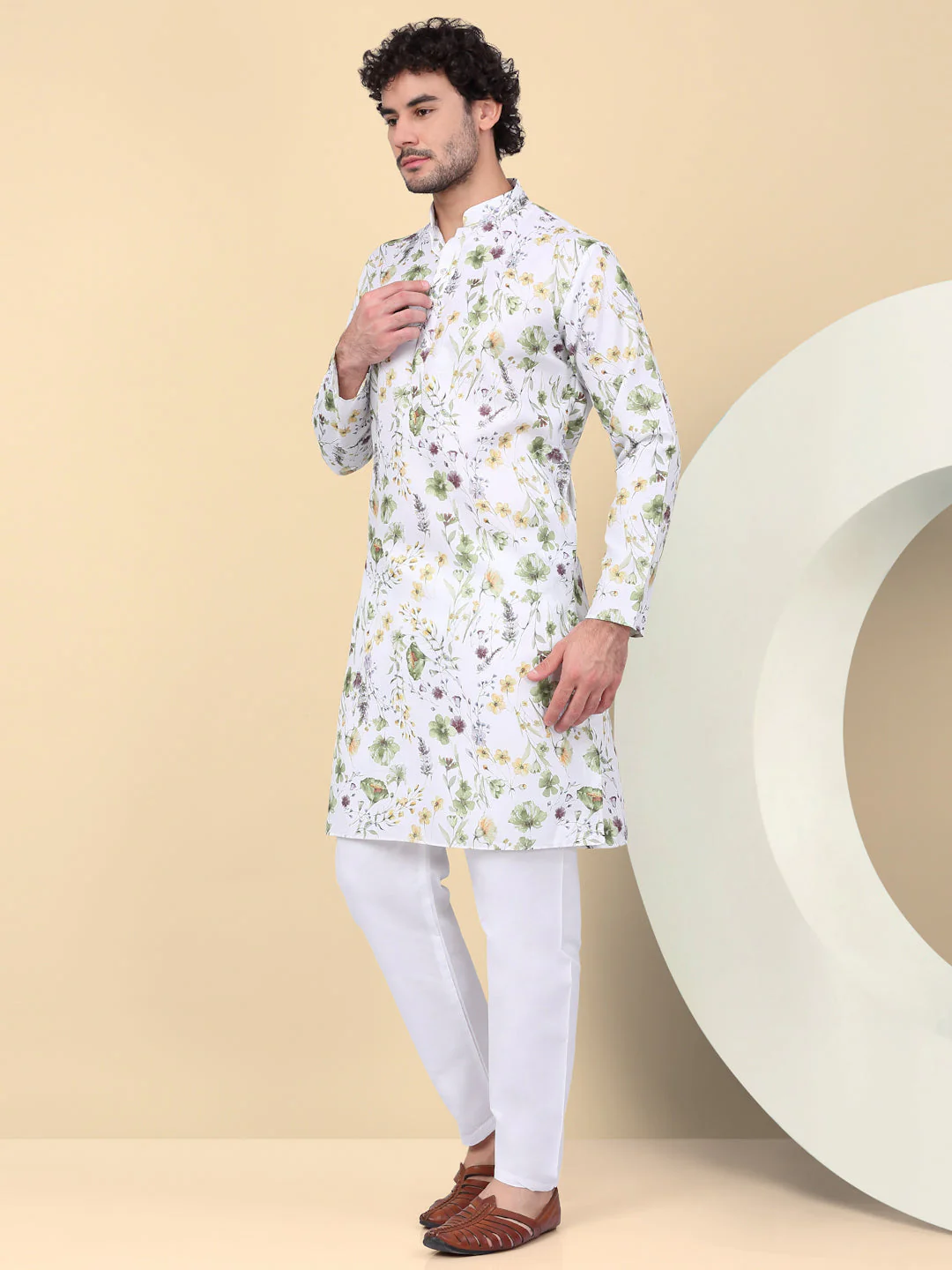 KRAFT INDIA Men's Linen Straight Floral Printed Kurta With Elastic Waistband Pyjama set - Image 17