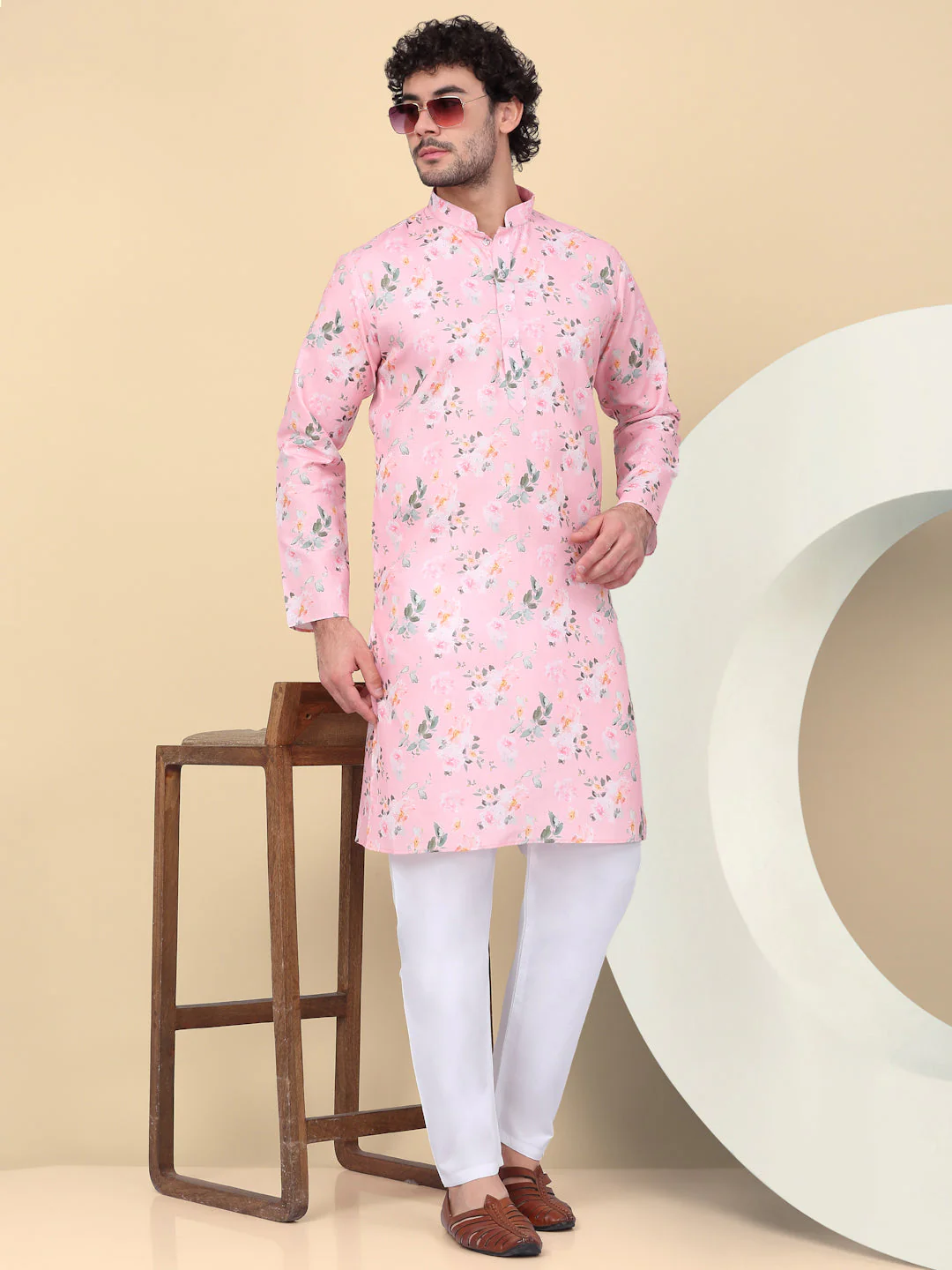 KRAFT INDIA Men's Linen Straight Floral Printed Kurta With Elastic Waistband Pyjama set - Image 9