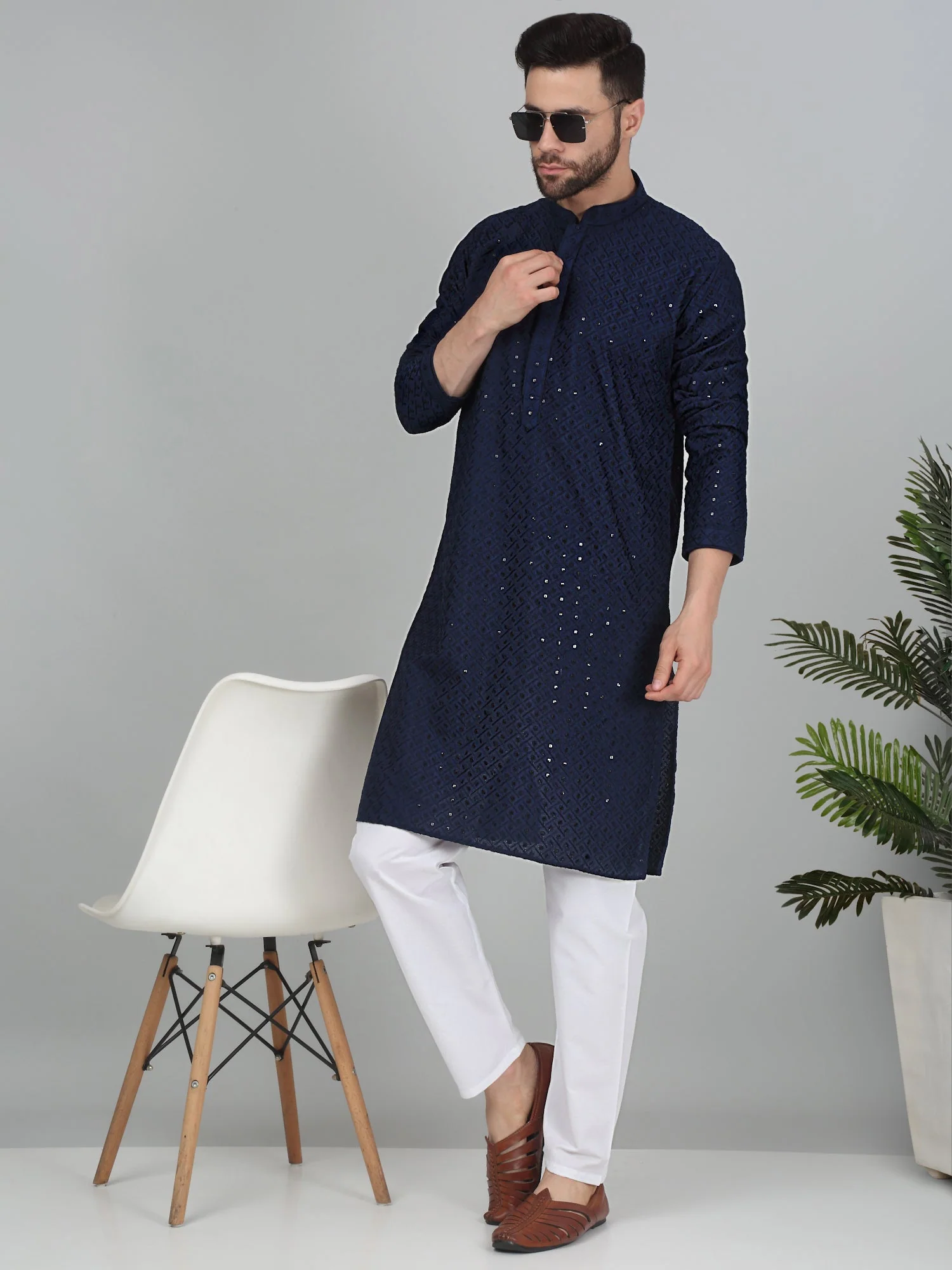 KRAFT INDIA Men's Linen Straight Floral Printed Kurta With Elastic Waistband Pyjama set - Image 19