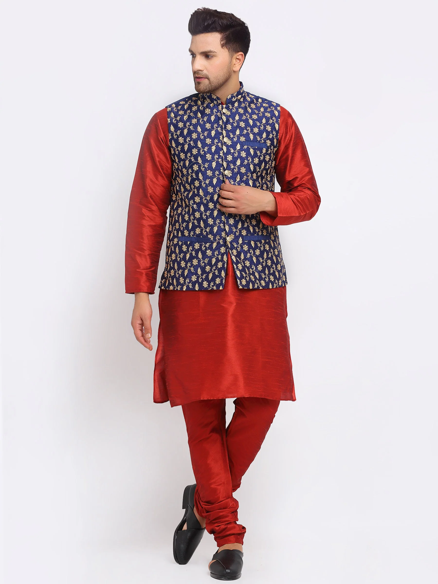 KRAFT INDIA Mens Maroon Kurta and churidar with embroided Zari Nehru jacket - Image 149