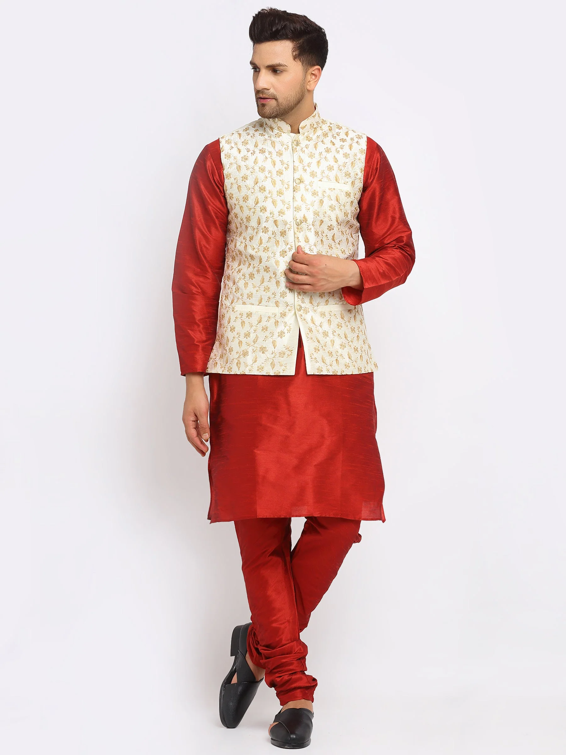 KRAFT INDIA Mens Maroon Kurta and churidar with embroided Zari Nehru jacket - Image 173