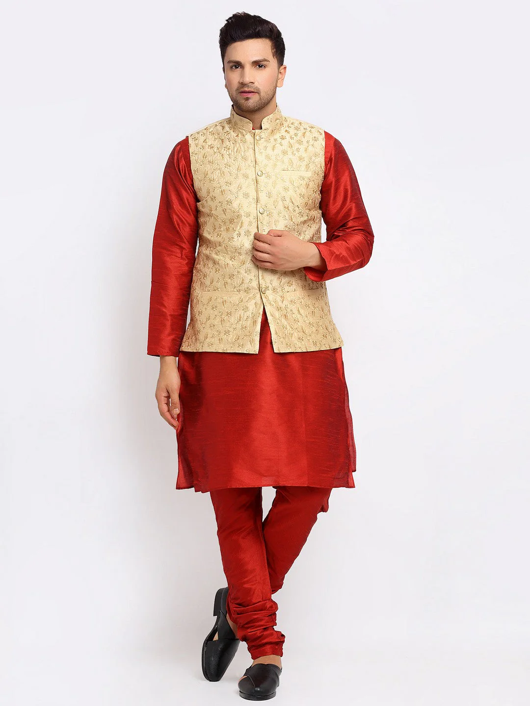 KRAFT INDIA Mens Maroon Kurta and churidar with embroided Zari Nehru jacket - Image 191