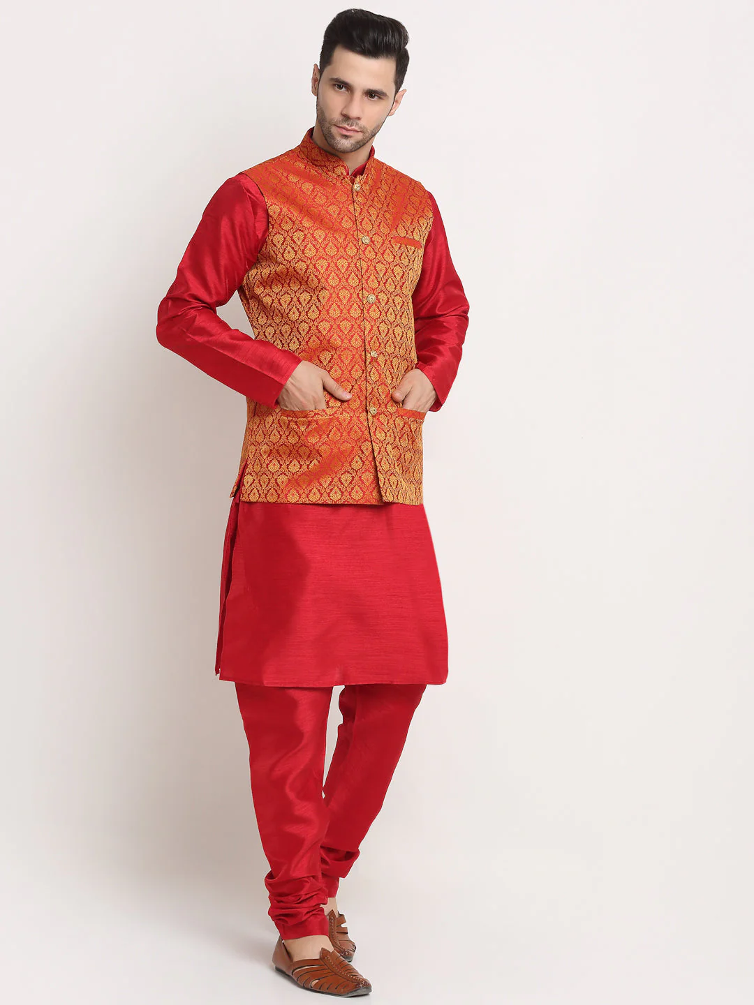 KRAFT INDIA Mens Maroon Silk Blend Kurta and churidar with Paisley Red Nehru jacket - Image 14