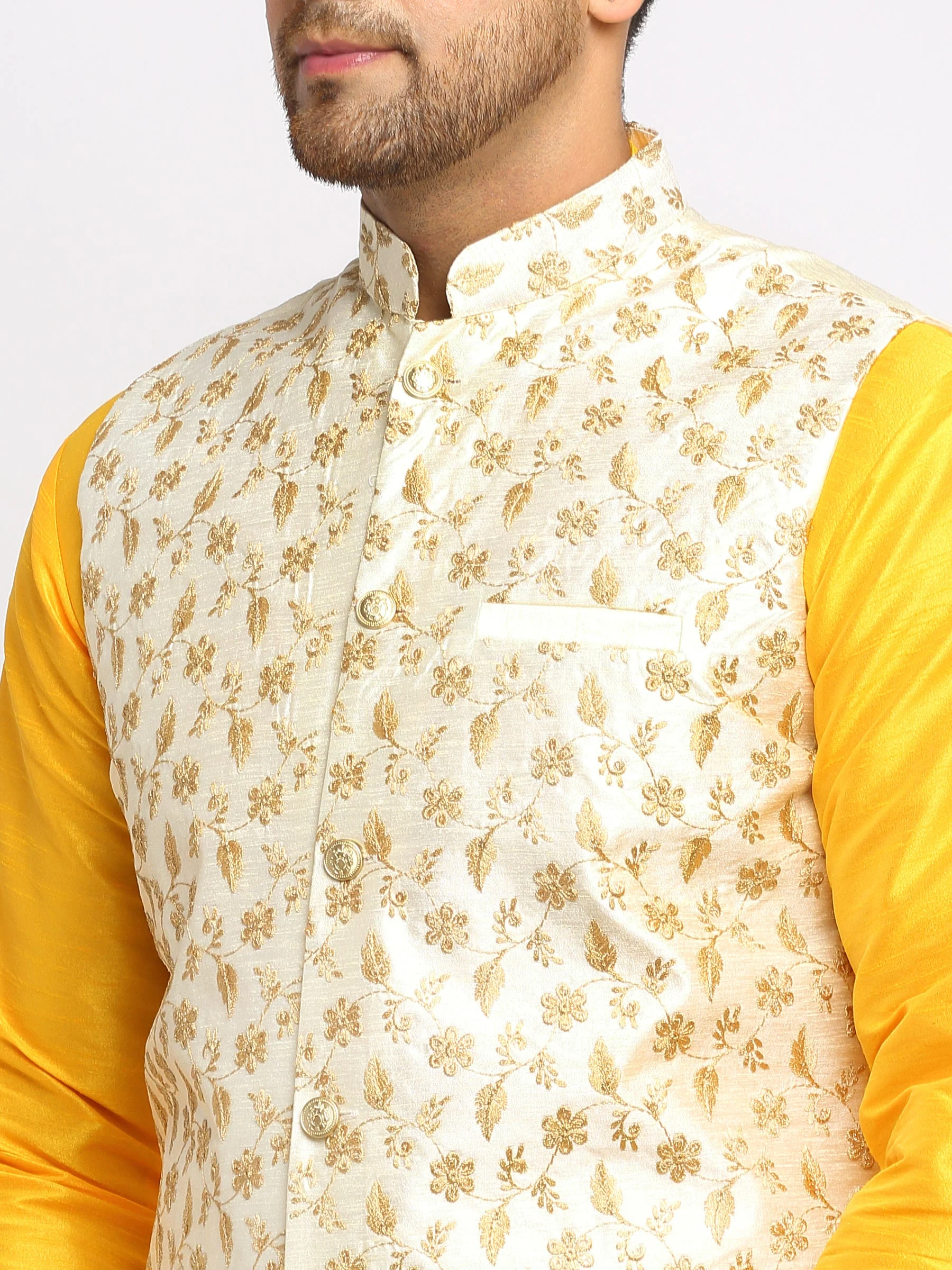 KRAFT INDIA Mens Mustard Kurta and churidar with embroided Zari Nehru jacket - Image 4