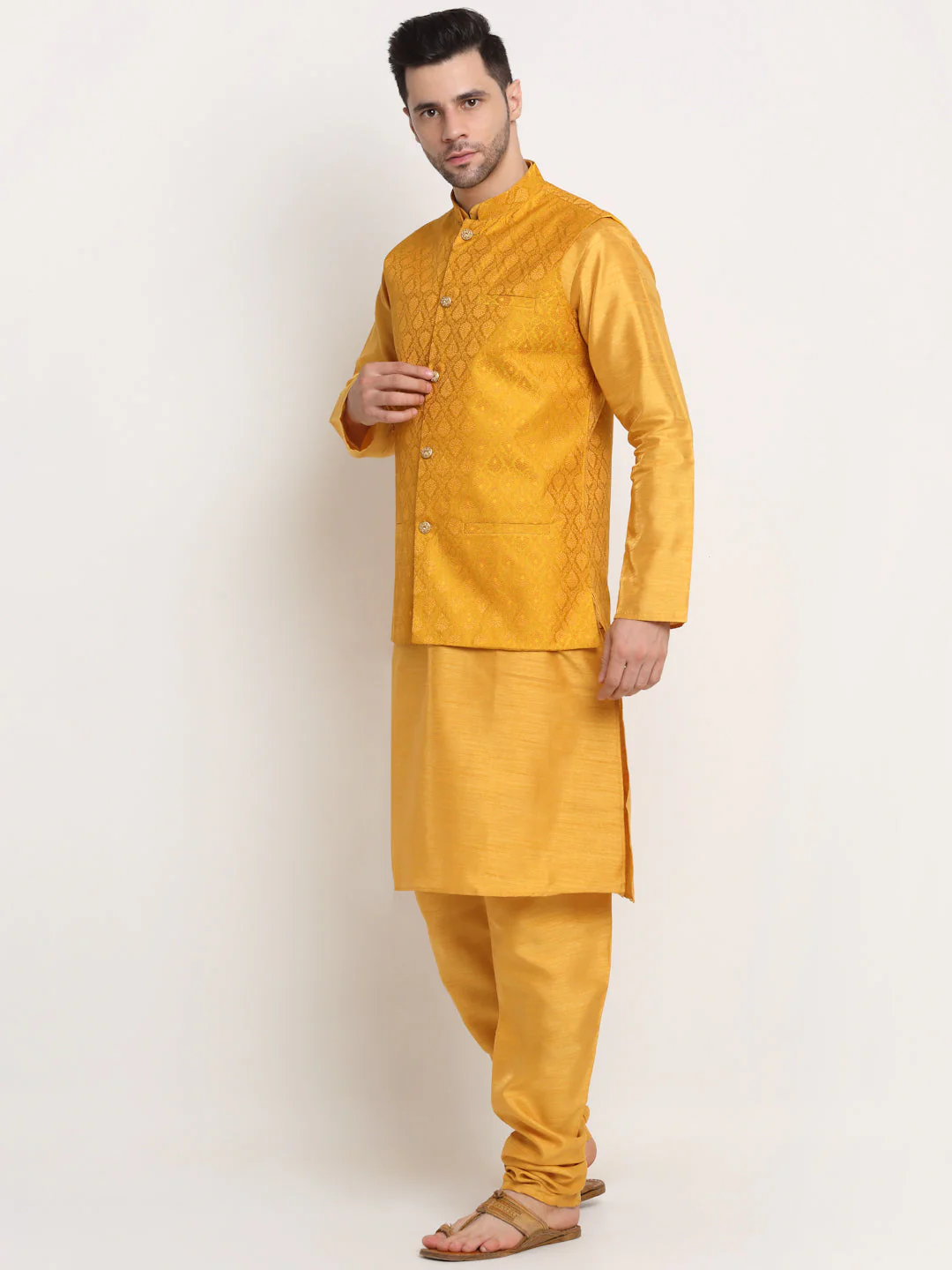 KRAFT INDIA Mens Mustard Silk Blend Kurta and churidar with Paisley Nehru jacket - Image 11