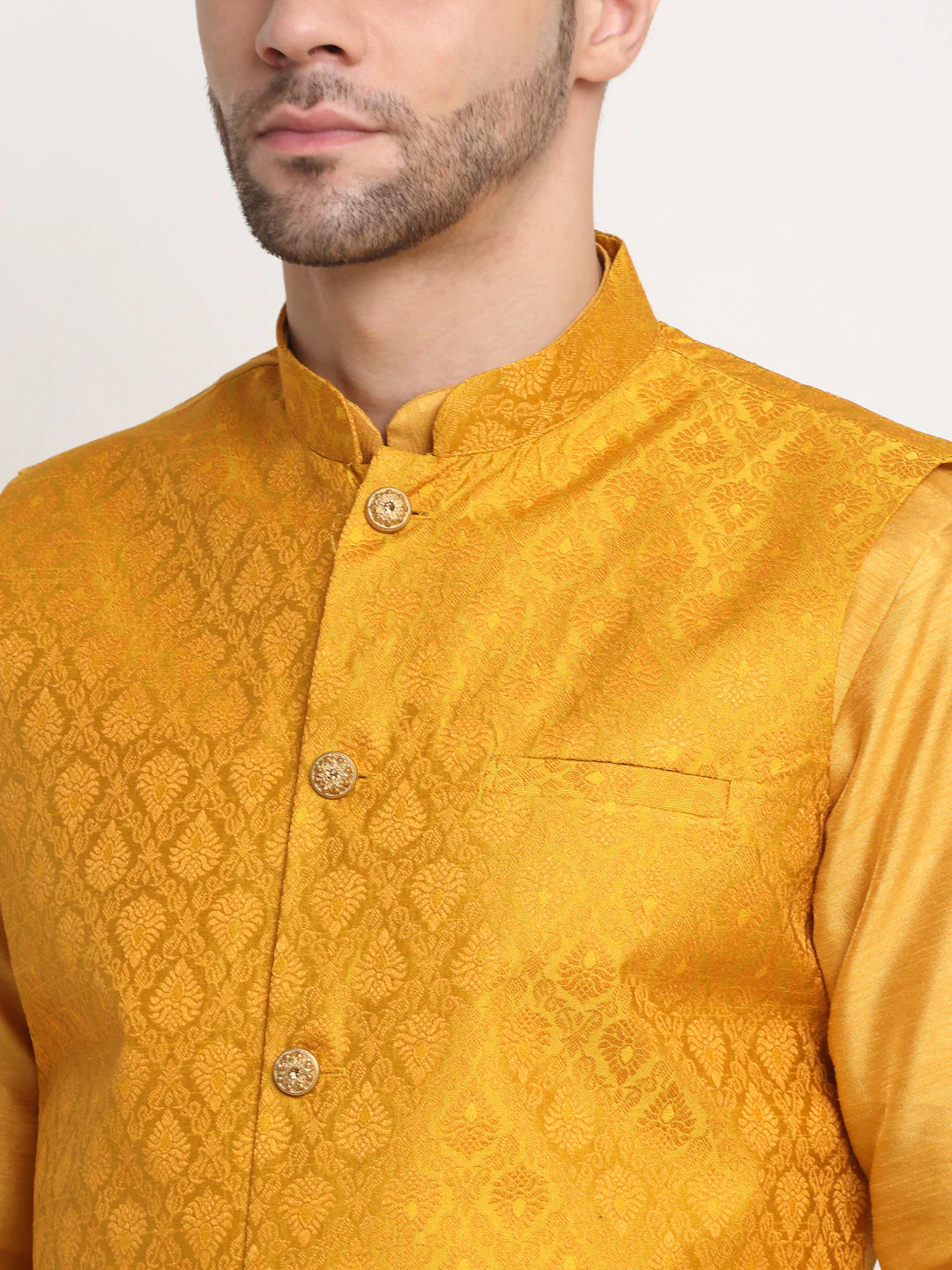 KRAFT INDIA Mens Mustard Silk Blend Kurta and churidar with Paisley Nehru jacket - Image 12