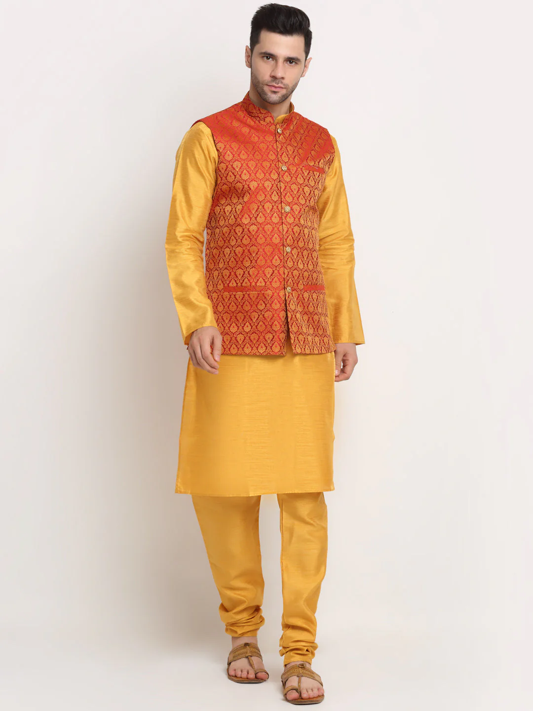 KRAFT INDIA Mens Mustard Silk Blend Kurta and churidar with Paisley Nehru jacket - Image 17