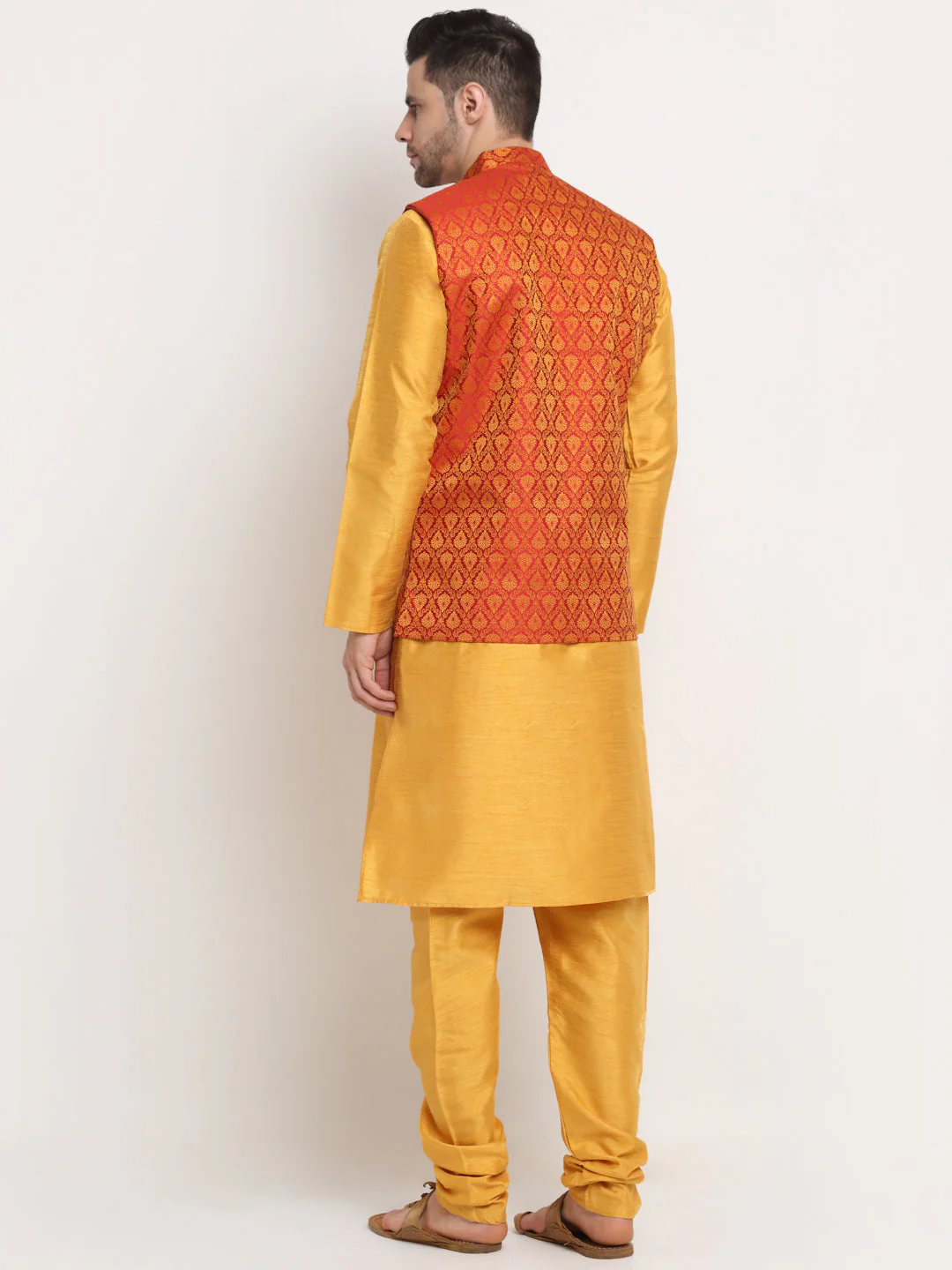 KRAFT INDIA Mens Mustard Silk Blend Kurta and churidar with Paisley Nehru jacket - Image 18