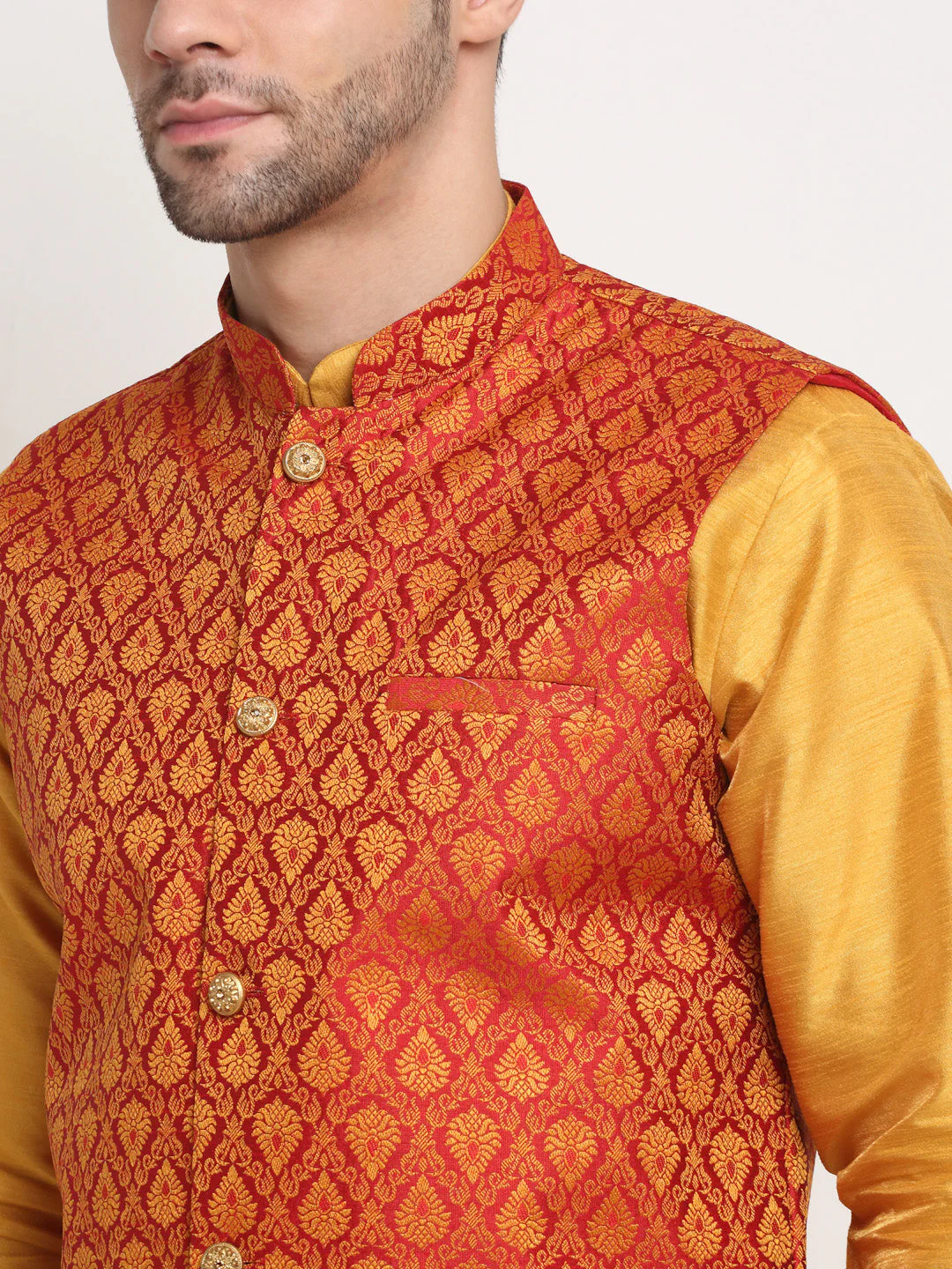 KRAFT INDIA Mens Mustard Silk Blend Kurta and churidar with Paisley Nehru jacket - Image 20