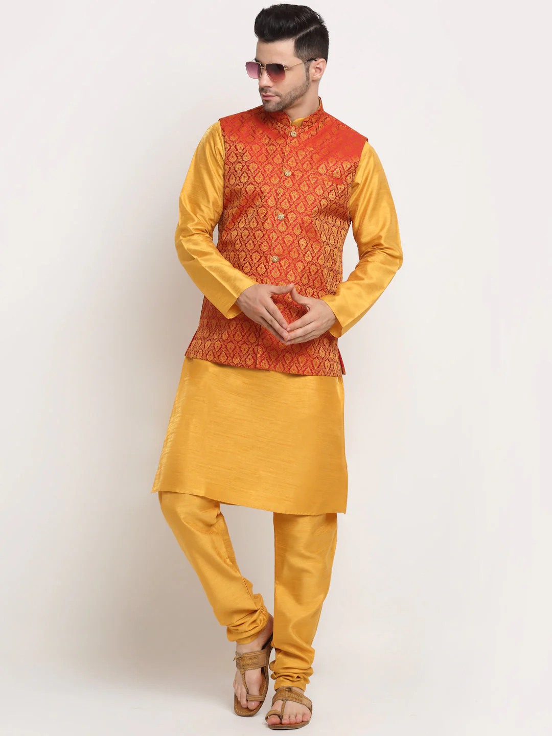 KRAFT INDIA Mens Mustard Silk Blend Kurta and churidar with Paisley Nehru jacket - Image 21
