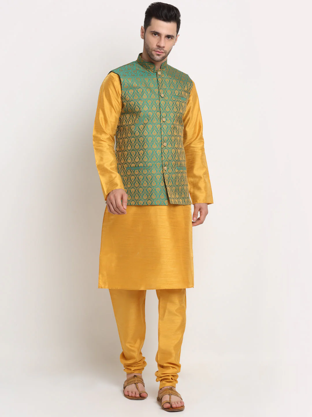 KRAFT INDIA Mens Mustard Silk Blend Kurta and churidar with Paisley Nehru jacket - Image 25