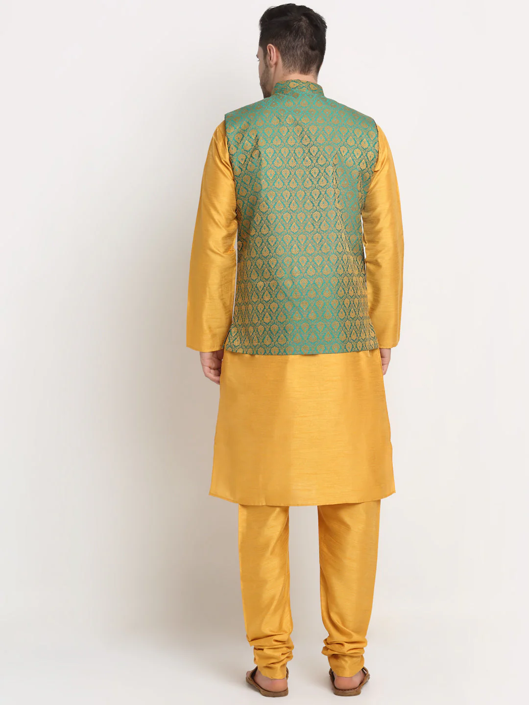 KRAFT INDIA Mens Mustard Silk Blend Kurta and churidar with Paisley Nehru jacket - Image 26