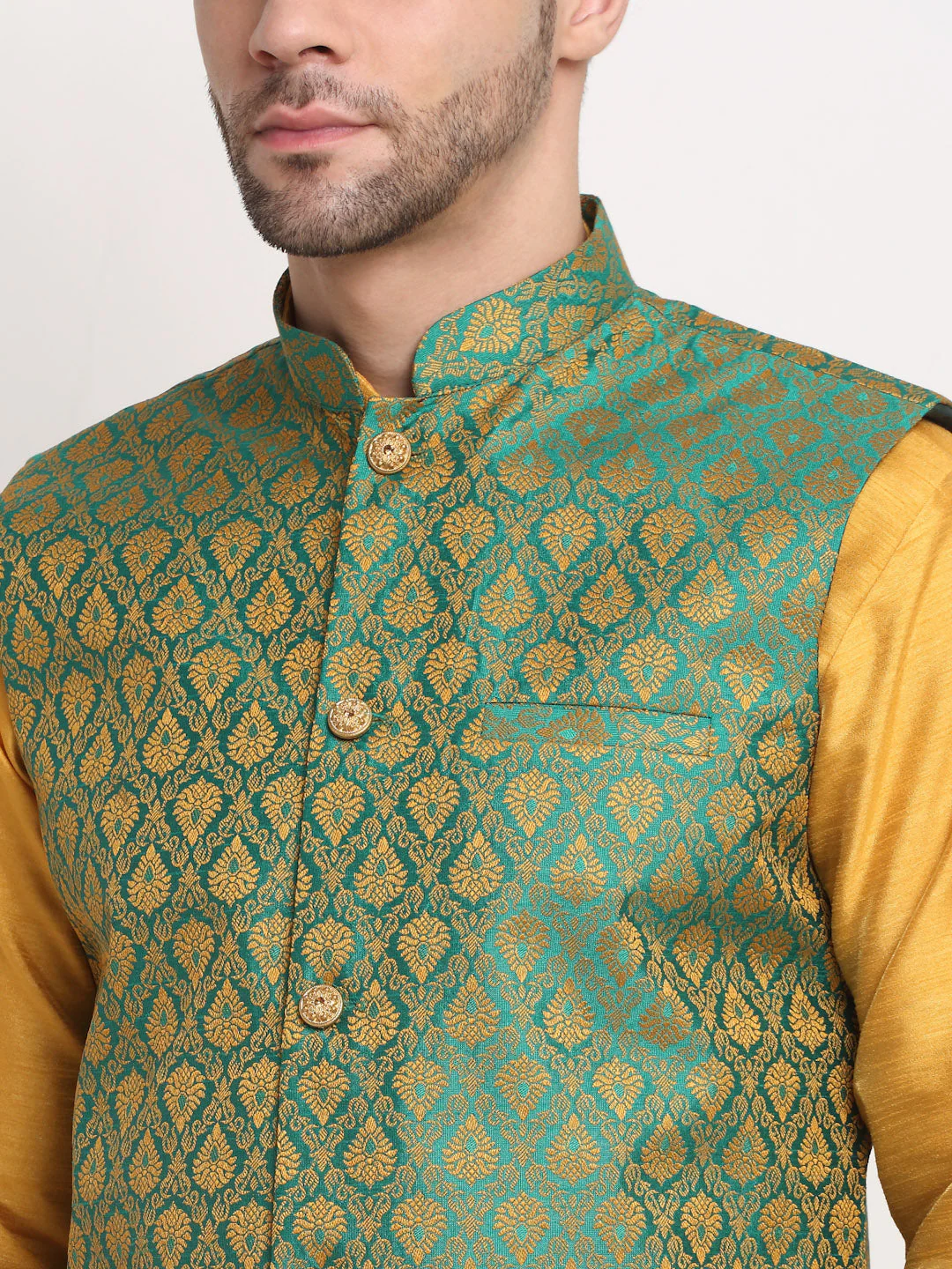 KRAFT INDIA Mens Mustard Silk Blend Kurta and churidar with Paisley Nehru jacket - Image 27