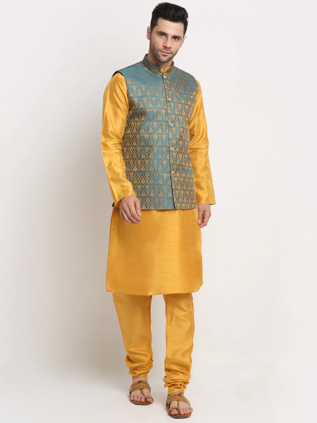 KRAFT INDIA Mens Mustard Silk Blend Kurta and churidar with Paisley Nehru jacket - Image 32