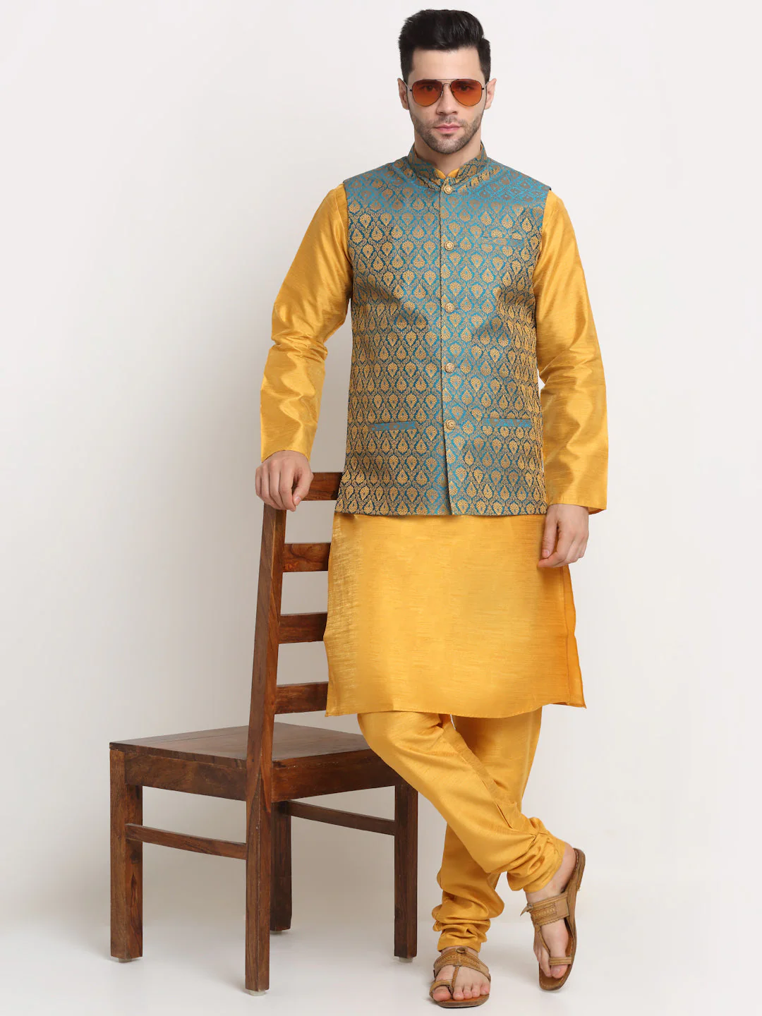 KRAFT INDIA Mens Mustard Silk Blend Kurta and churidar with Paisley Nehru jacket - Image 36