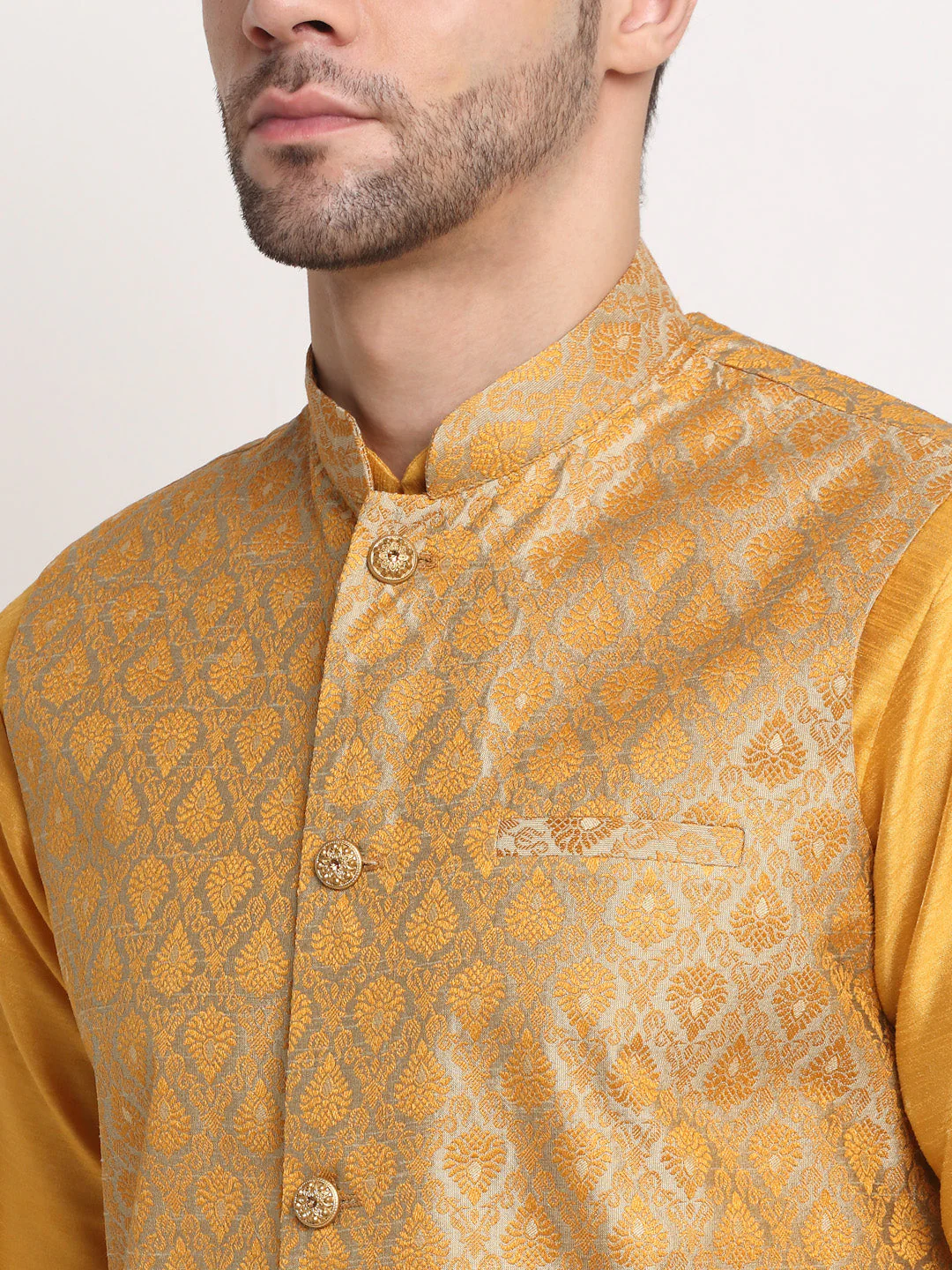 KRAFT INDIA Mens Mustard Silk Blend Kurta and churidar with Paisley Nehru jacket - Image 4