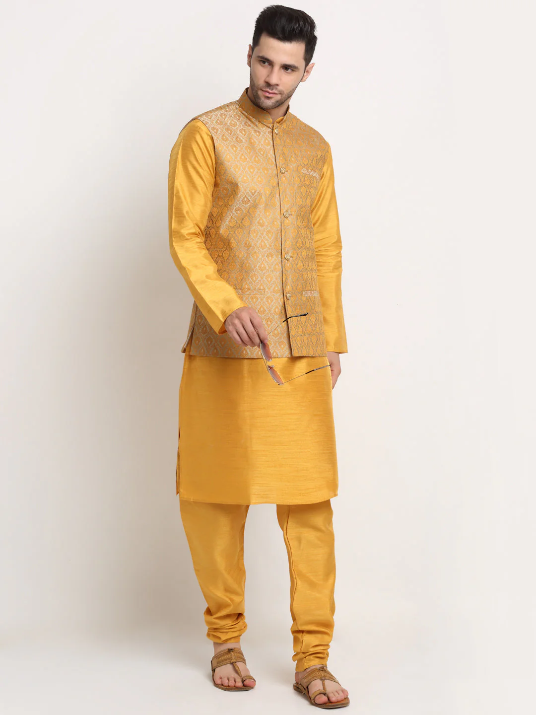 KRAFT INDIA Mens Mustard Silk Blend Kurta and churidar with Paisley Nehru jacket - Image 5