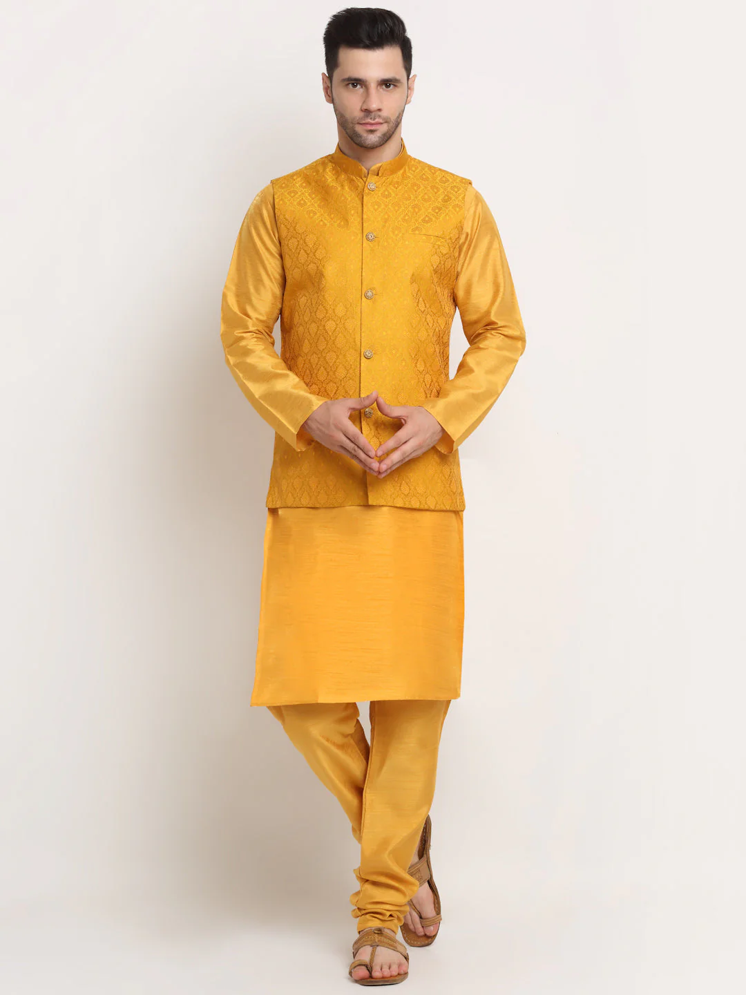 KRAFT INDIA Mens Mustard Silk Blend Kurta and churidar with Paisley Nehru jacket - Image 9